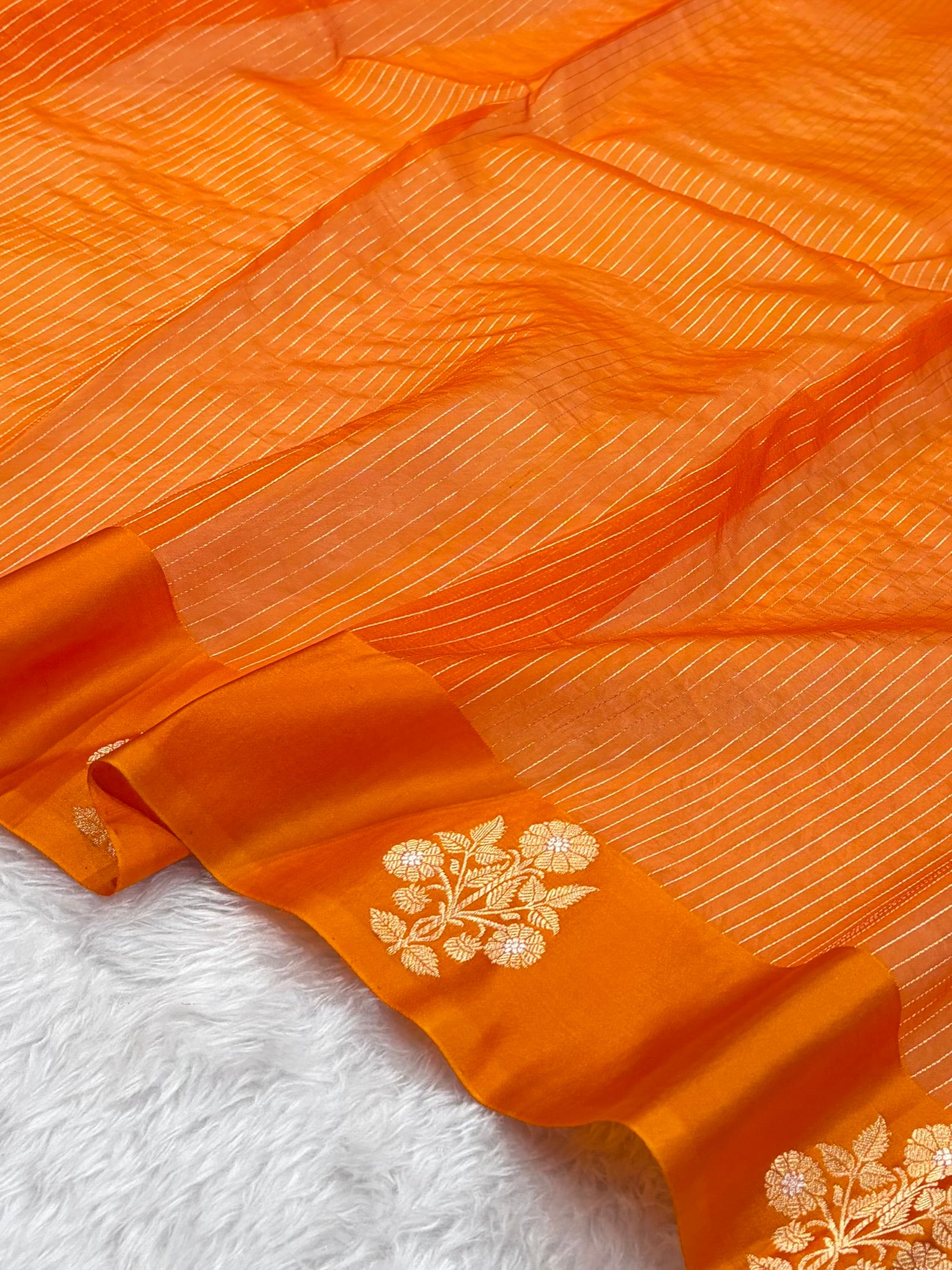 Pure Banarasi Organza Orange Shades With Satin Minakari Border Floral Banarasi Silk Saree PO-22