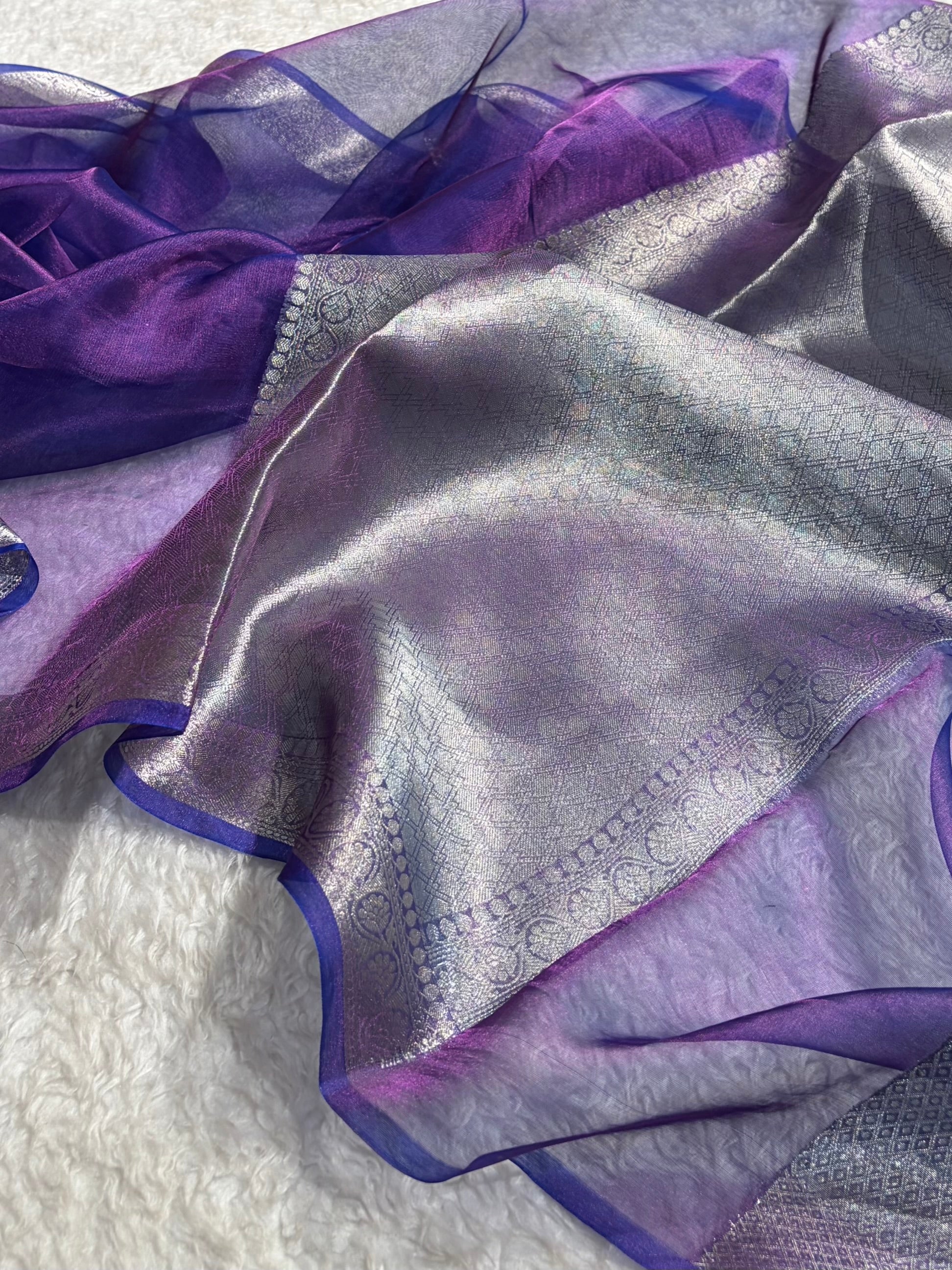 Pinkish Royal Blue Shades Pure Tissue Silk Saree with Brocade Blouse PT-09