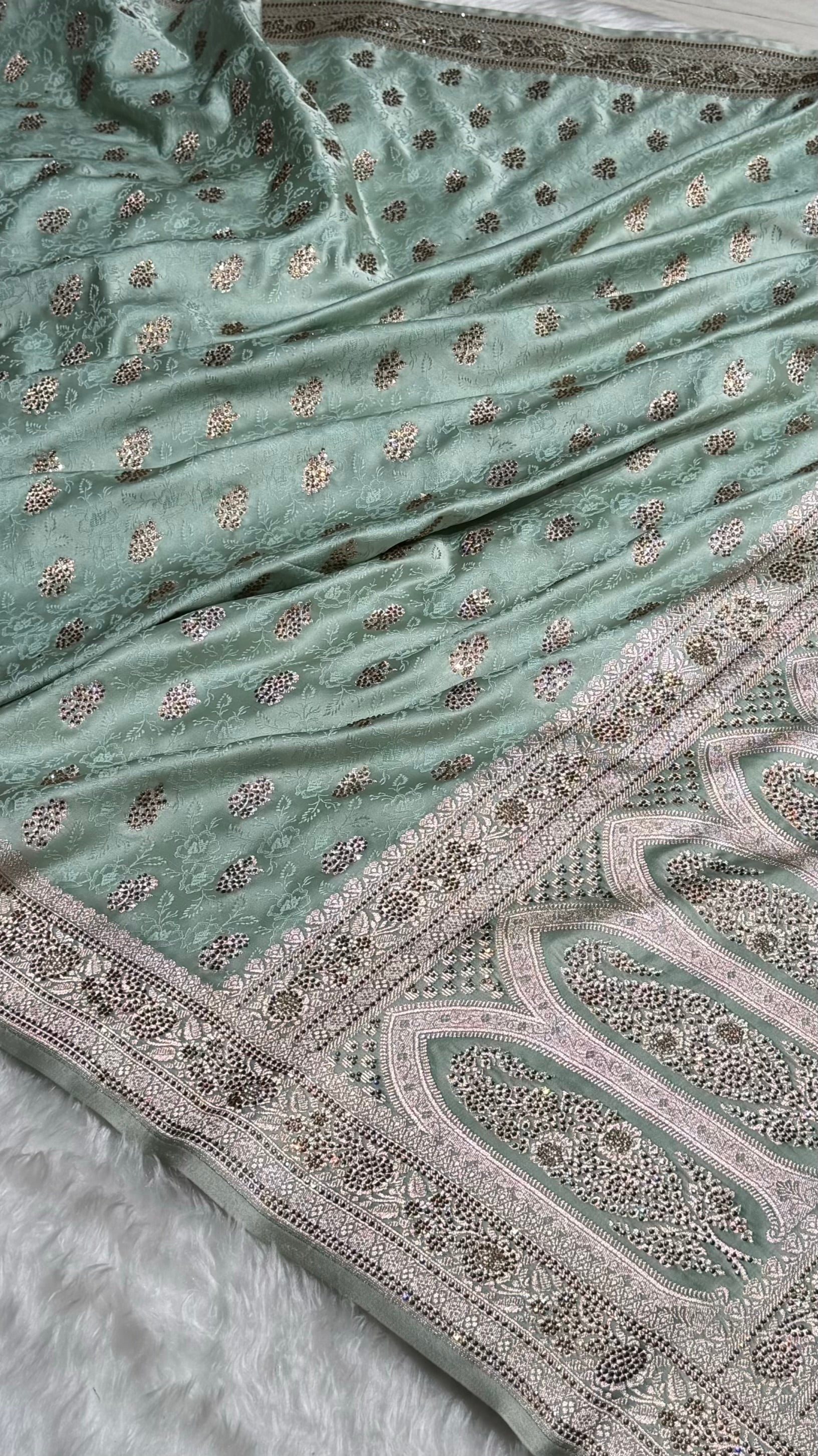 Sea Green Shades Tanchoi Motif With Swarovski Work Mashru Silk Saree BMST-10