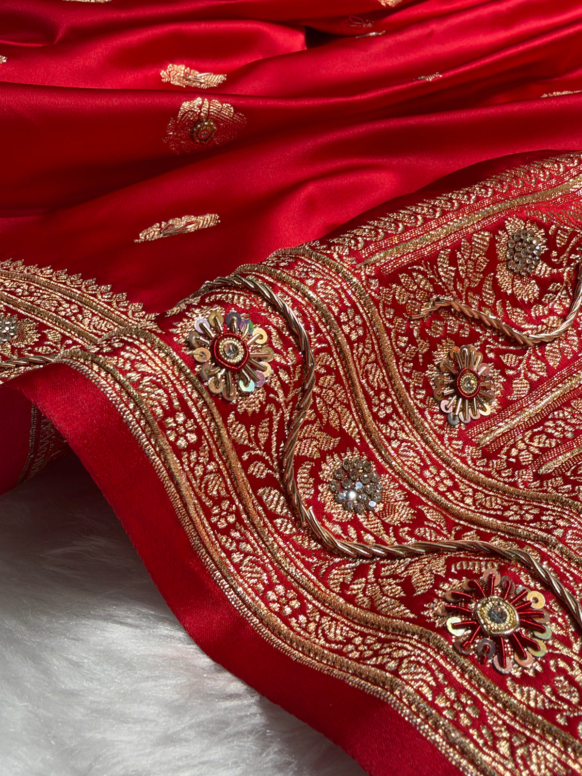 Bridal Red Banarasi Satin Katan Saree With Ari & Zardozi Work Boota BSK65