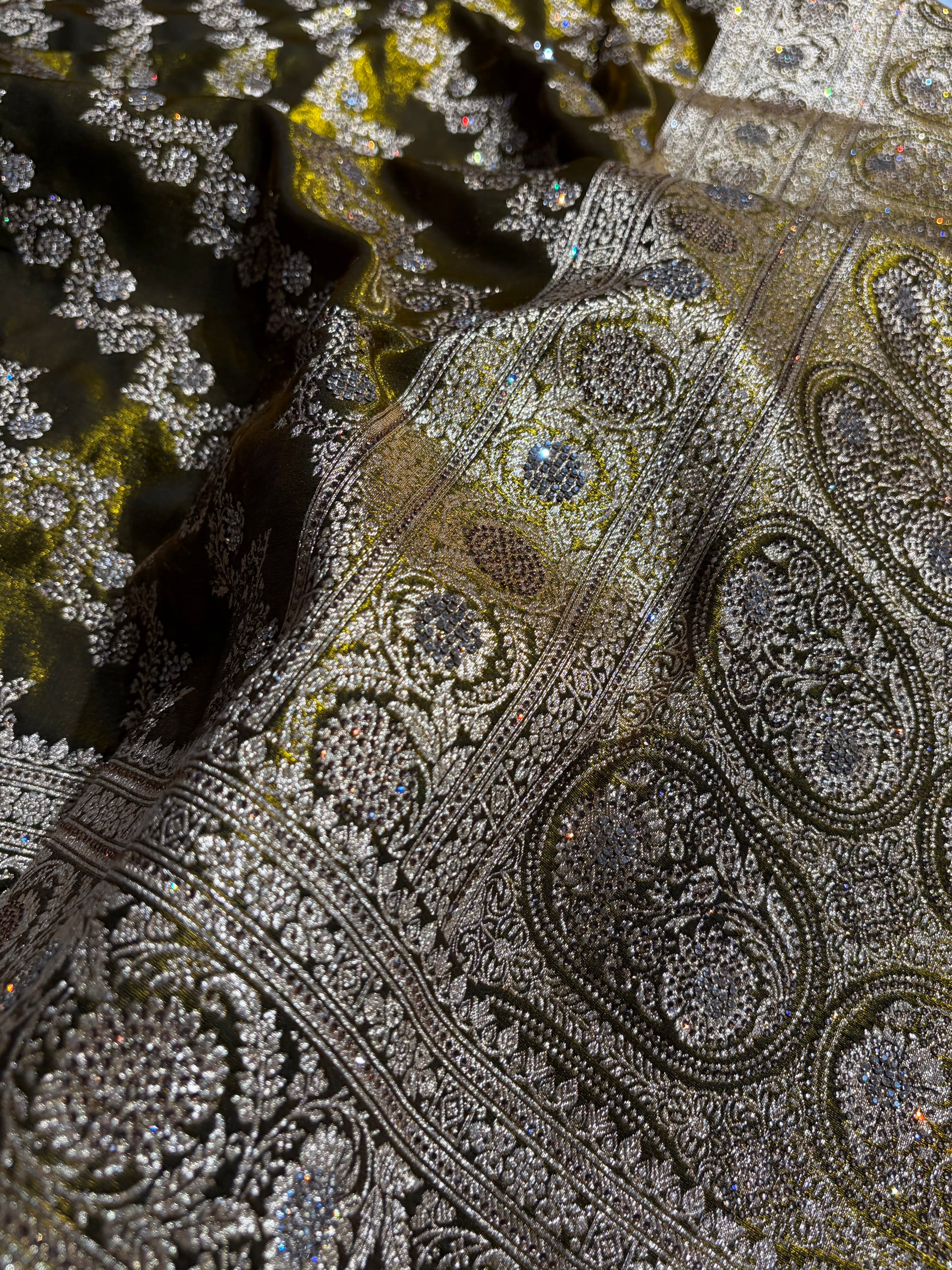 Banarasi Bridal Mehendi Shades With Swarovski Stone and White Stone Work Satin Silk Saree BSS32