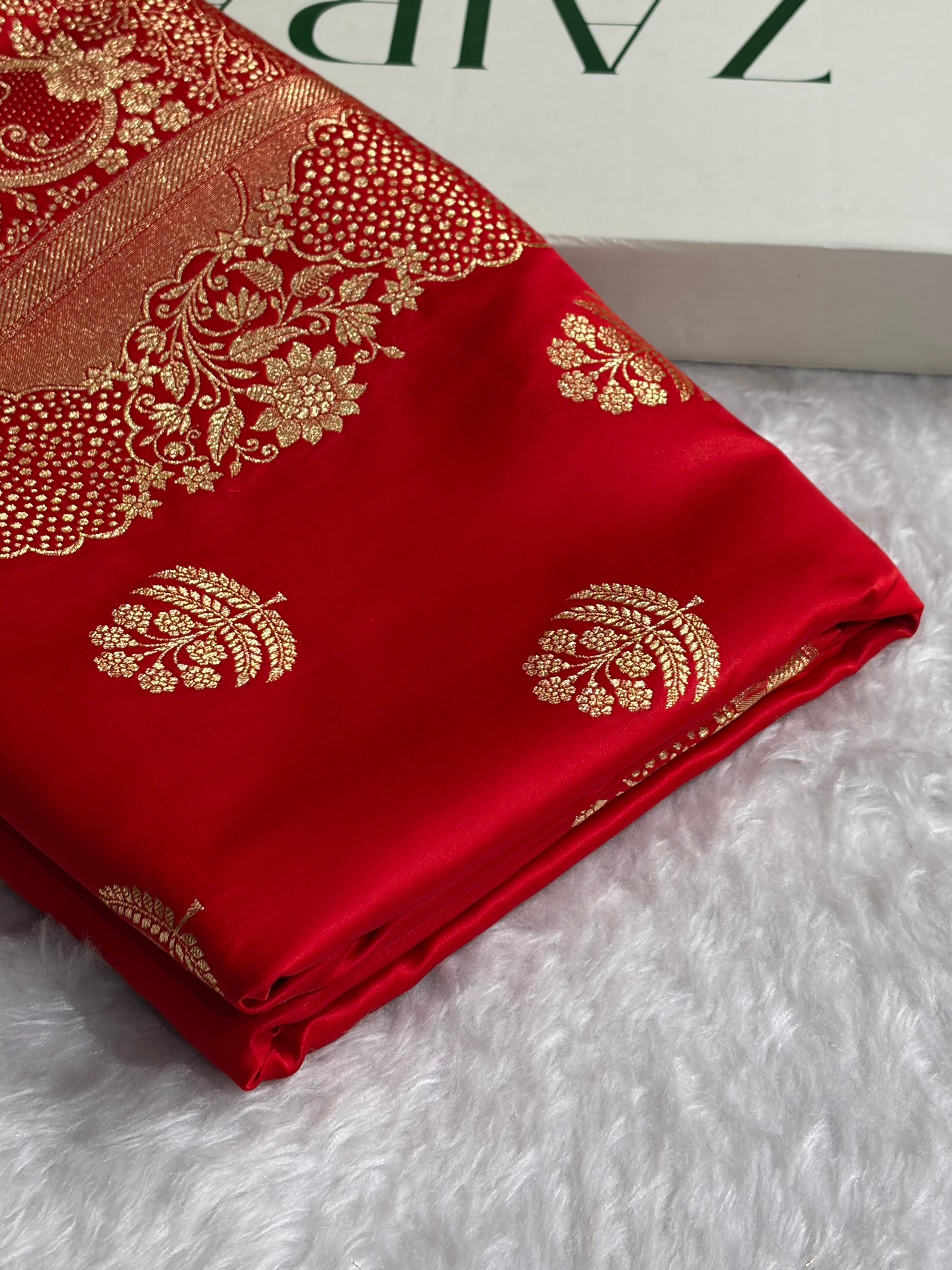 Red Unique Boota Pattern Satin Katan Silk Saree SK70