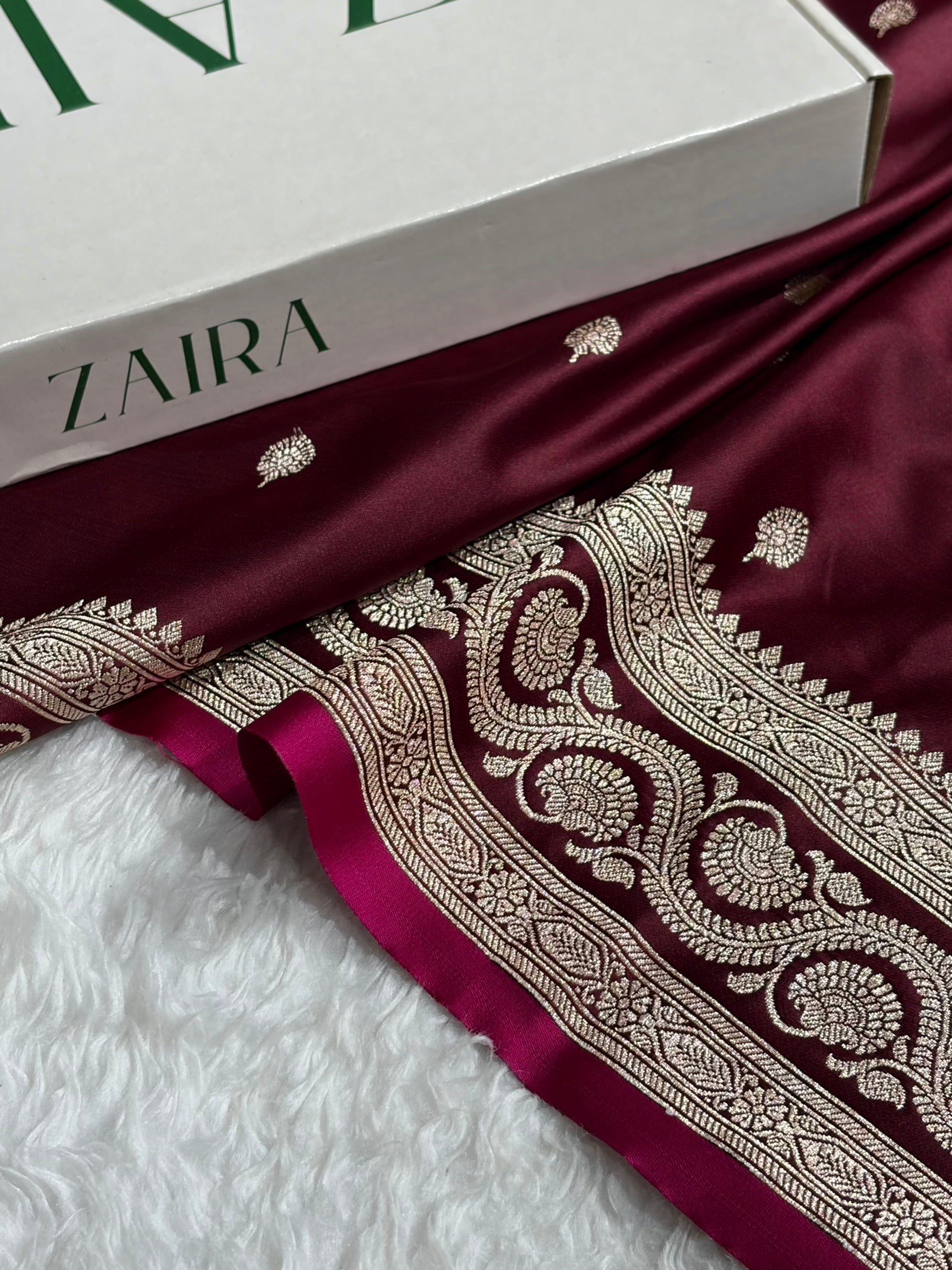 Banarasi Garnet Boota With Floral Border Mashru Silk Saree