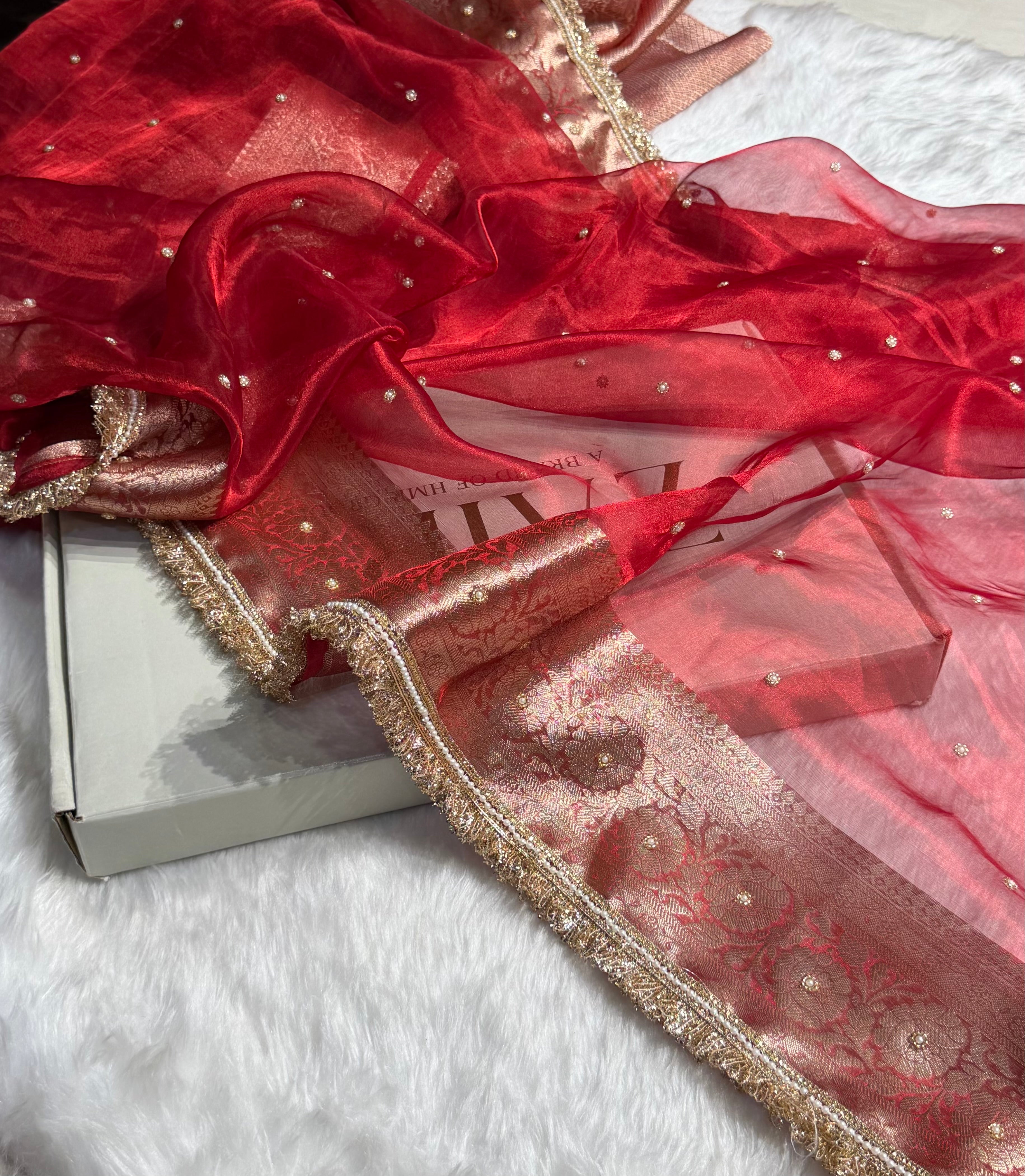 Red Shade Pure Tissue Silk Saree with Gota Patti PTGP-17