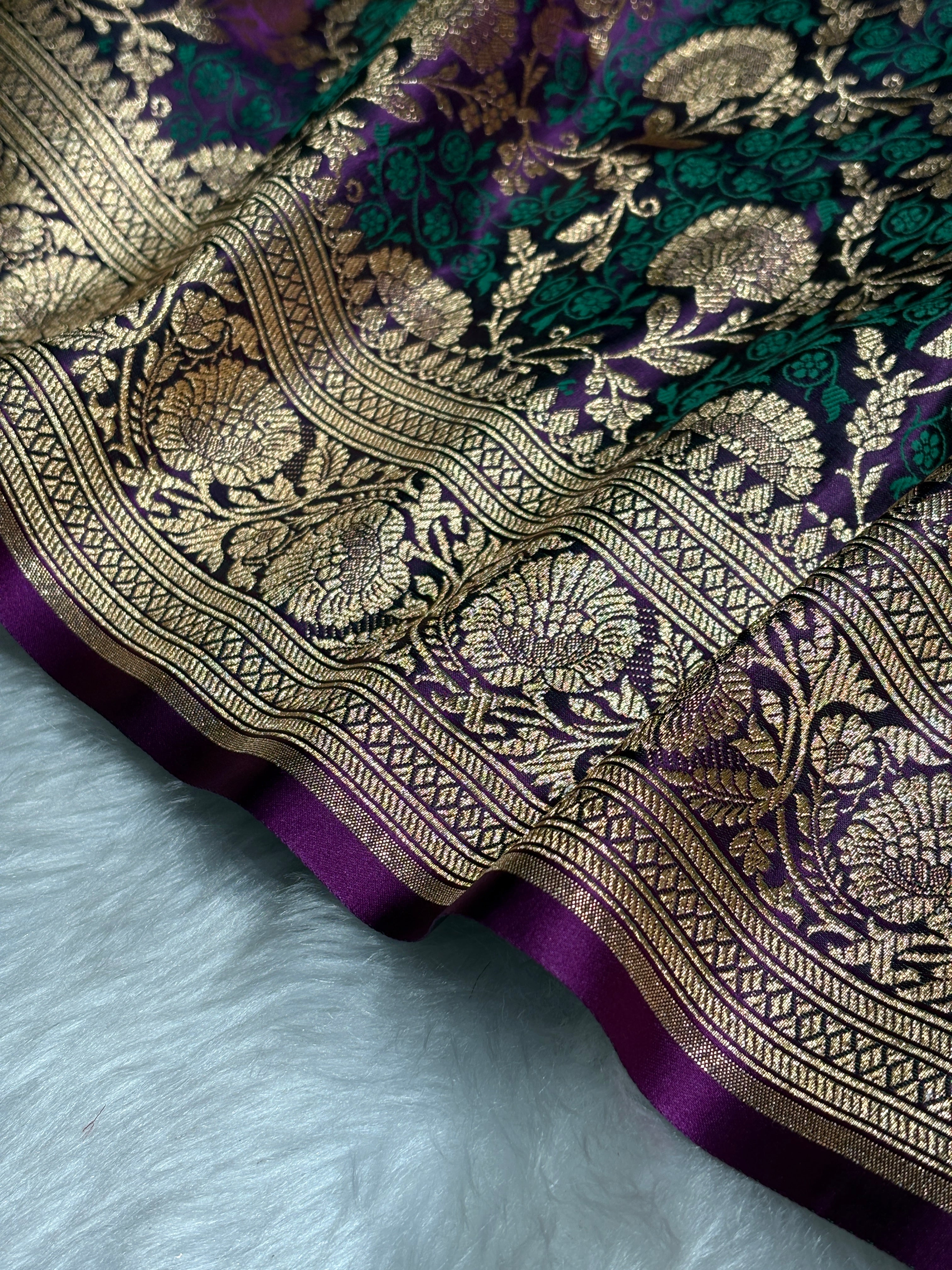 Purple With Green Tanchoi Satin Katan Silk Saree SKTM-05