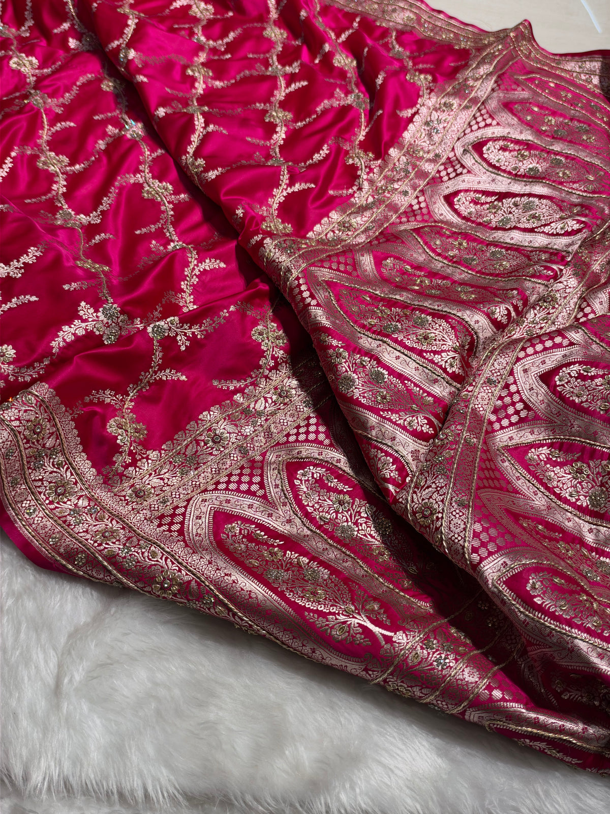 Bridal Rani Shades Banarasi Jaal With Zardozi Work Mashru Silk Saree BMSM-127