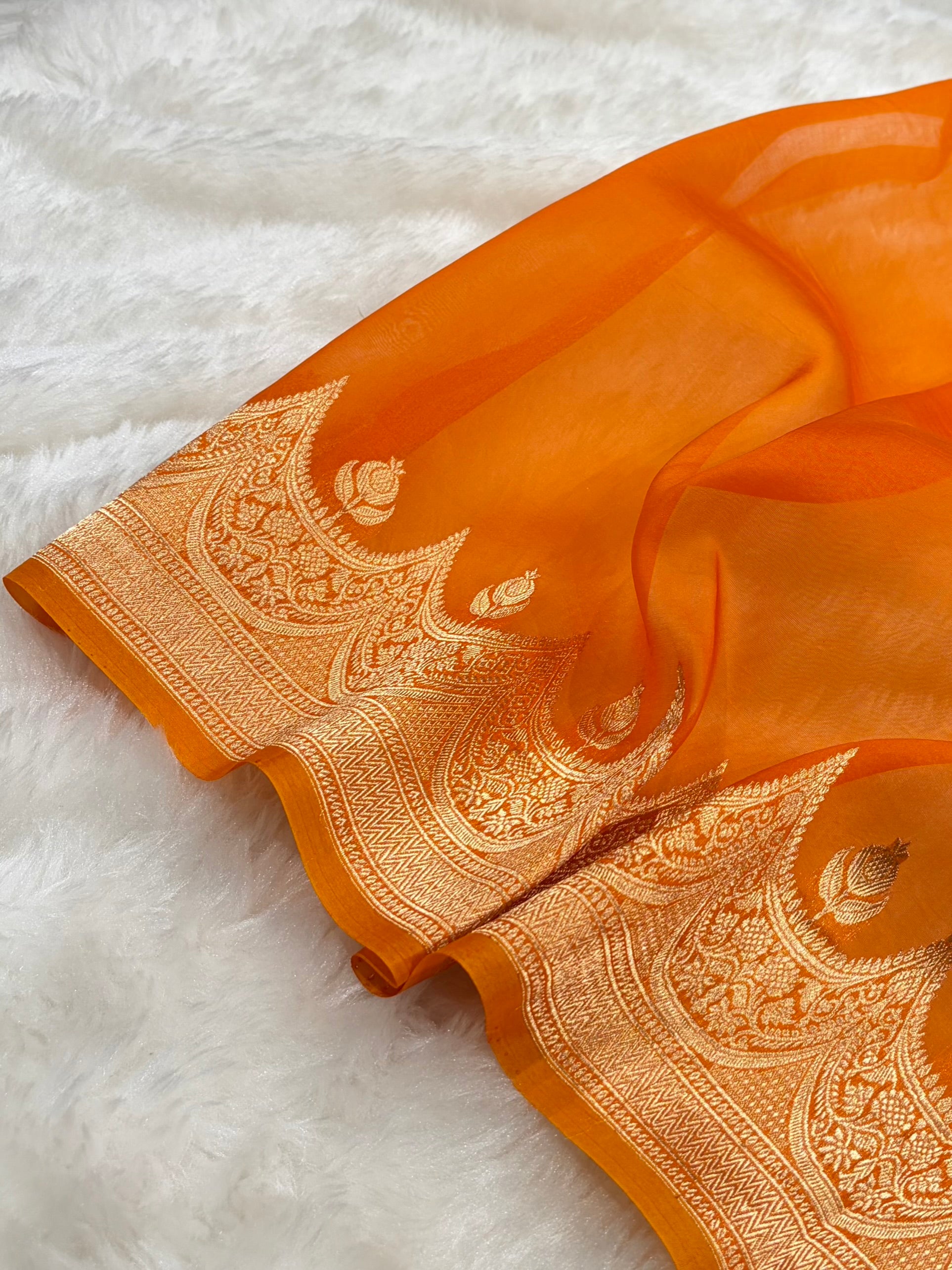 Banarasi Pure Organza Orange Shades With Scallop Stripe Banarasi Silk Saree PO-31