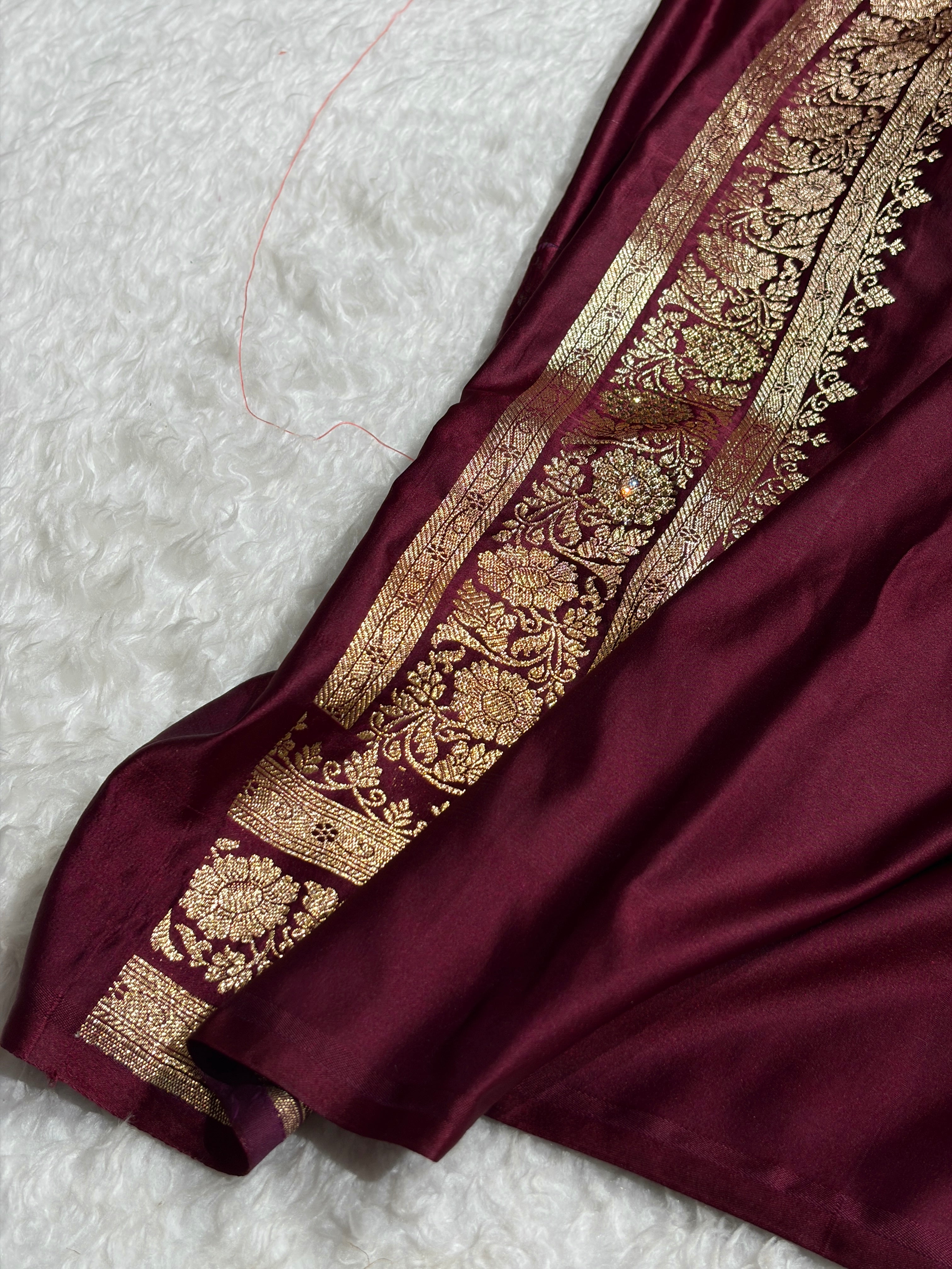Garnet Floral Jaal Pattern with Sewarovsi Work Satin Katan Silk saree BSK42