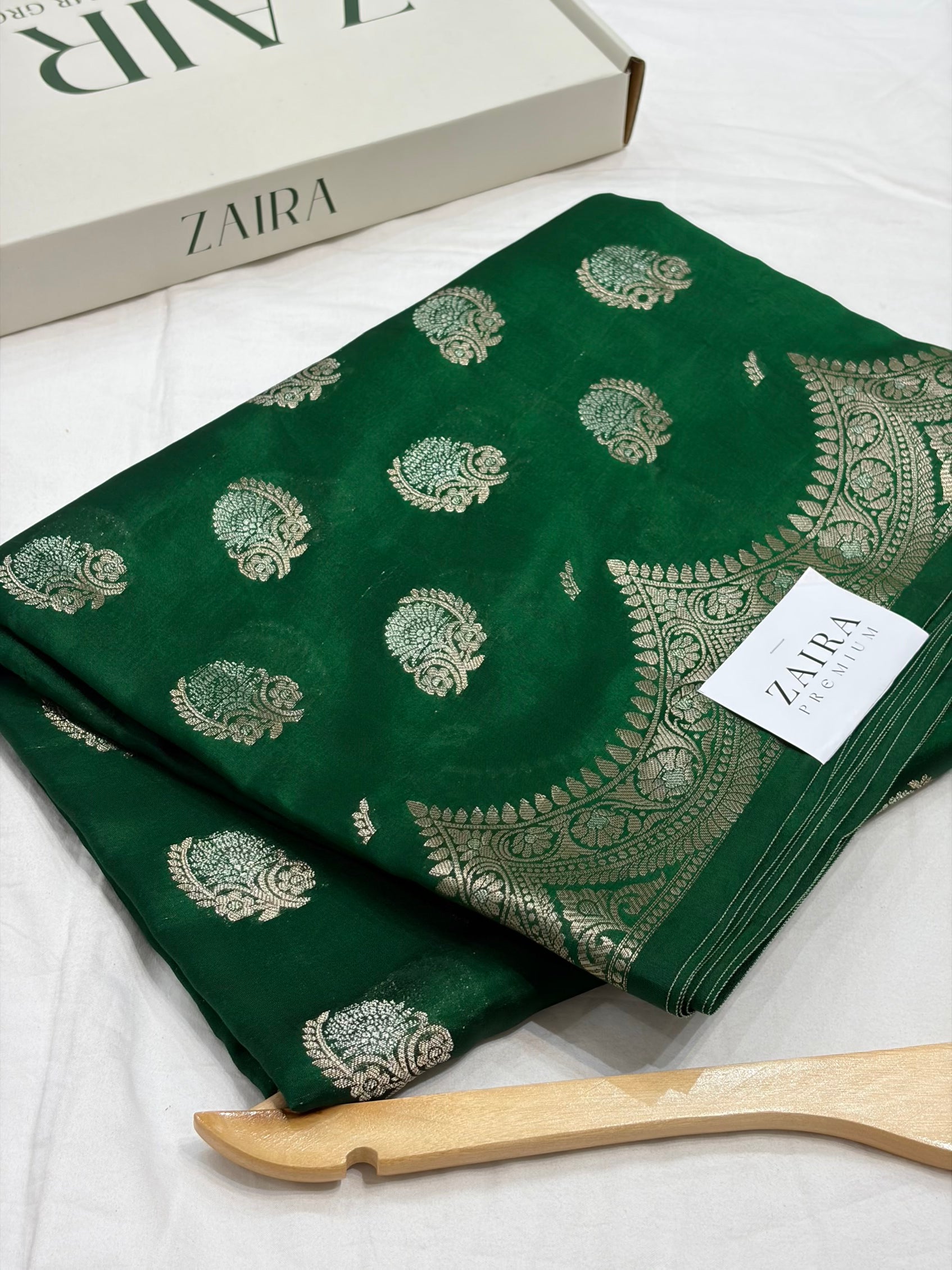 Bottle Green Flower Booti Pure Caramel Silk Saree