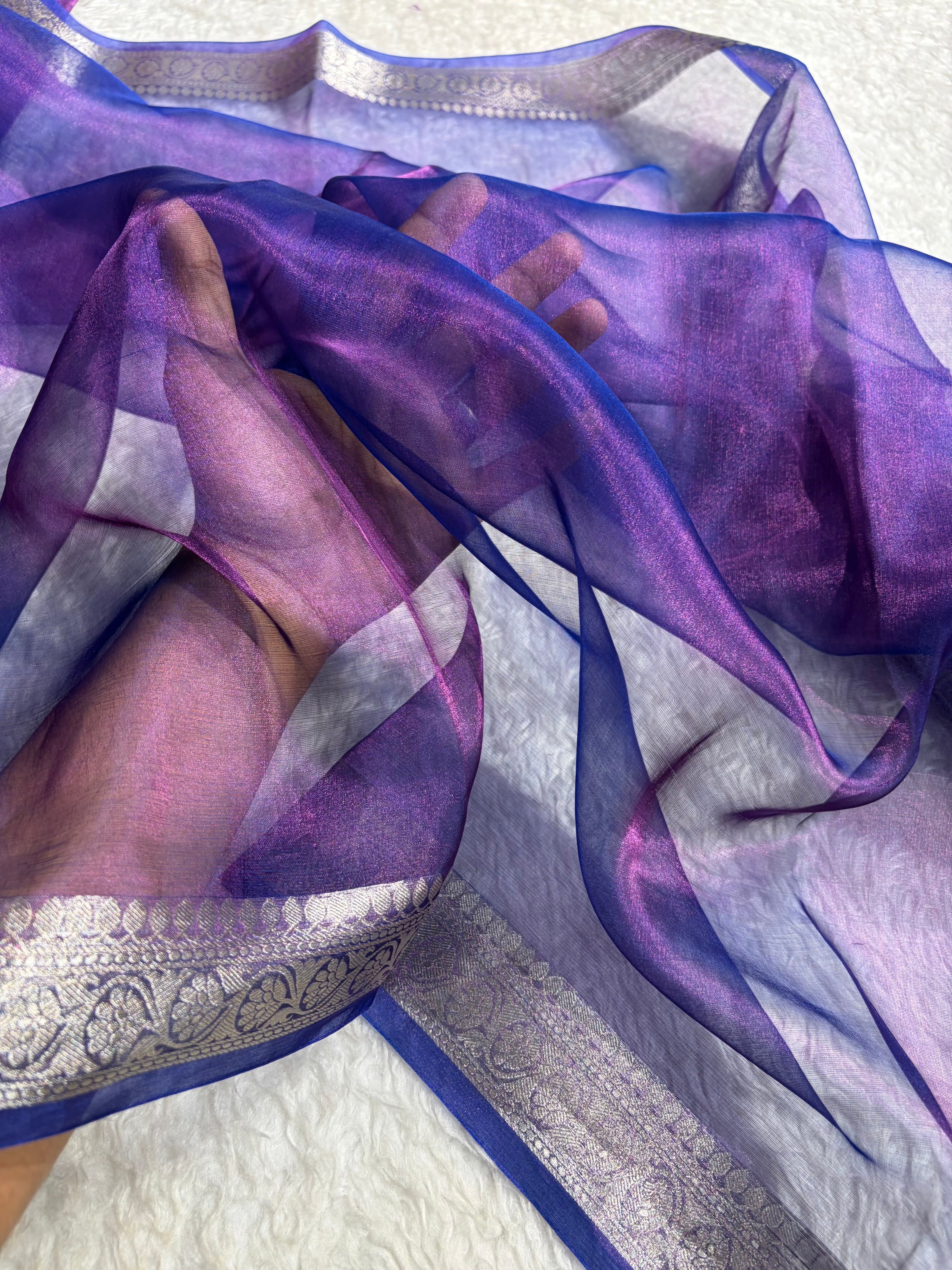 Pinkish Royal Blue Shades Pure Tissue Silk Saree with Brocade Blouse PT-09