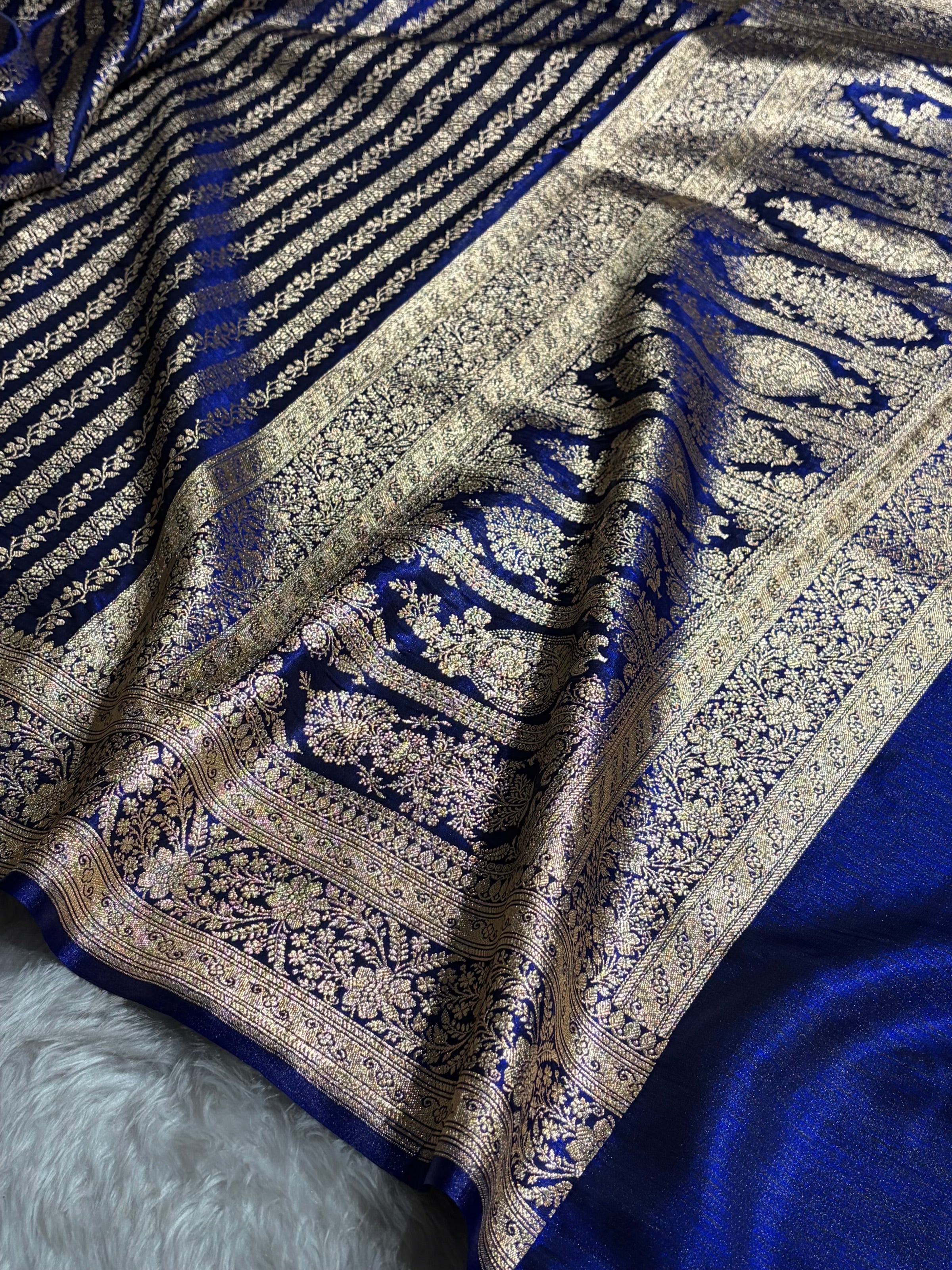 Royal Blue Shades Stripe Pattern Banarasi Satin Silk Saree SS46