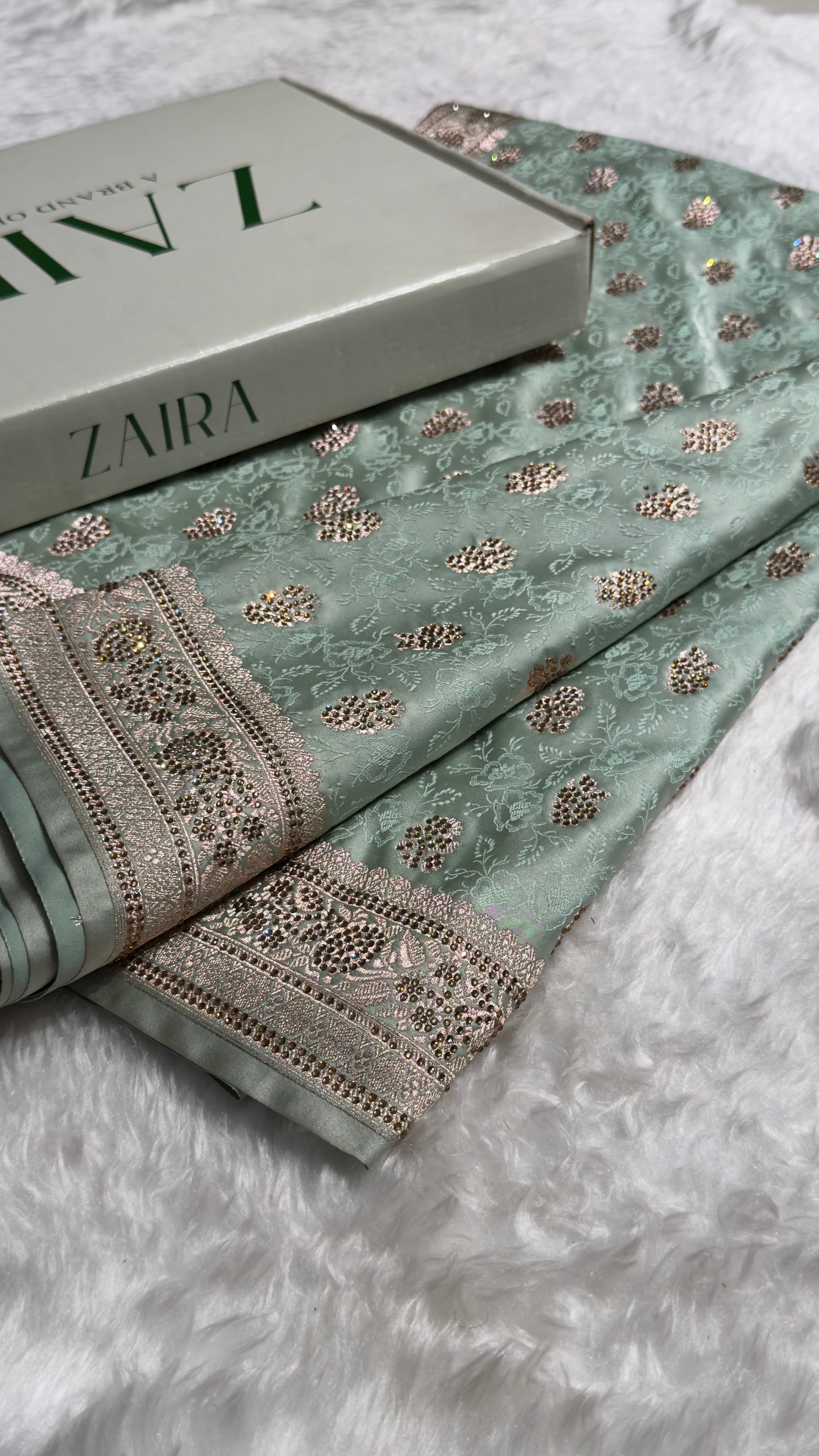 Sea Green Shades Tanchoi Motif With Swarovski Work Mashru Silk Saree BMST-10