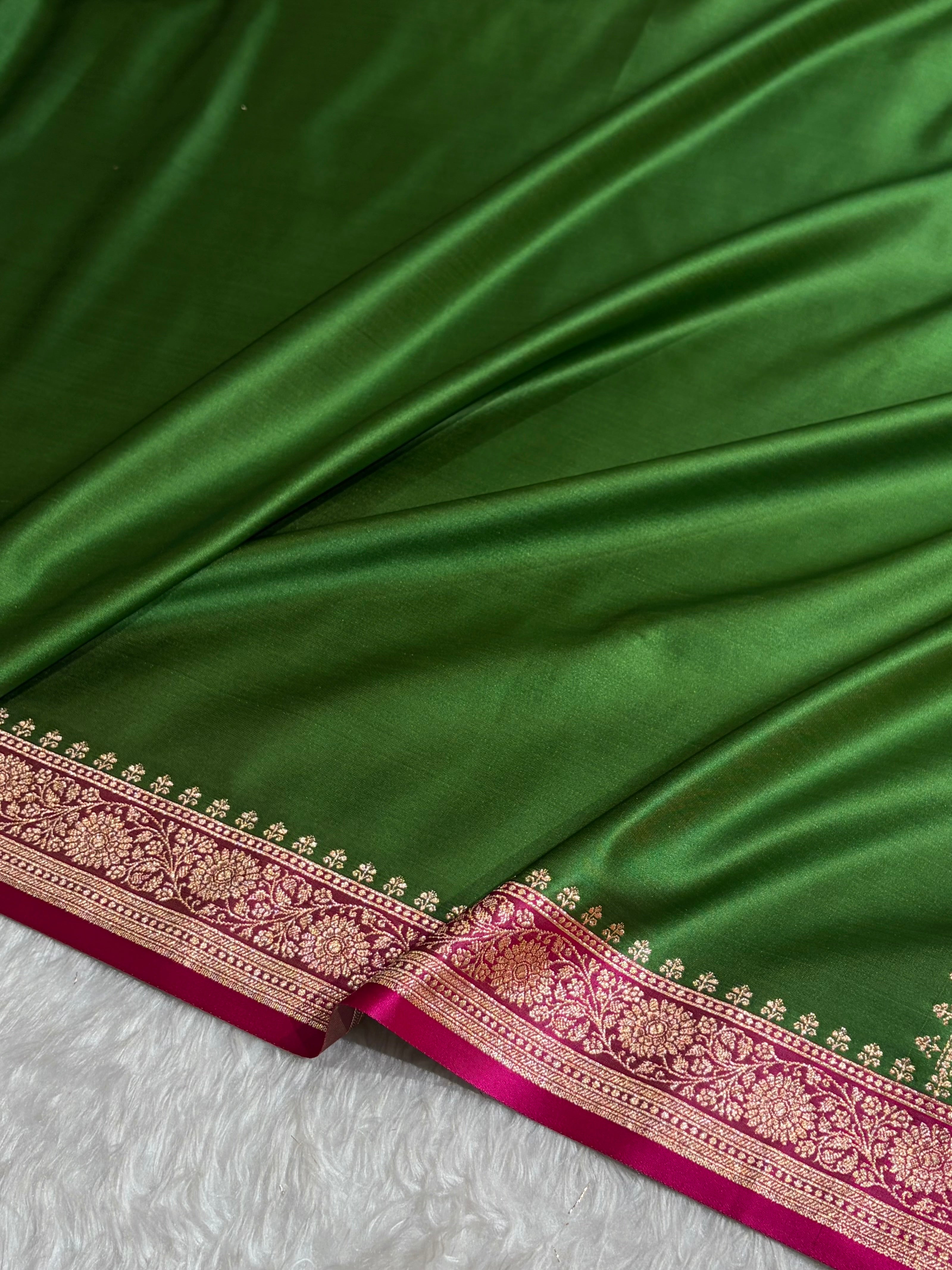 Banarasi Satin Katan Saree in Contrast Dark Green / Rani Shades SK131