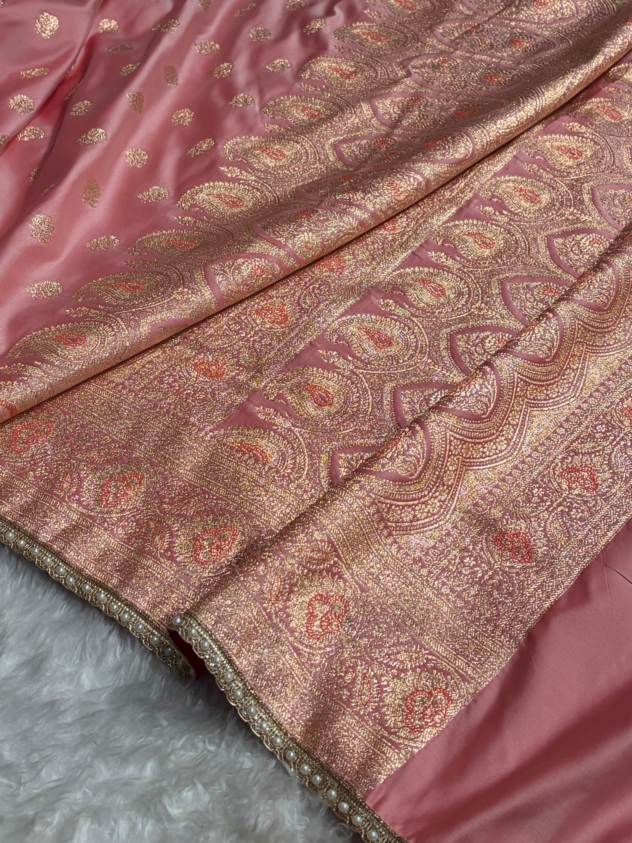 Floral boota Satin katan Silk Saree With Gotta Patti In Baby Pink Shades SKGP12