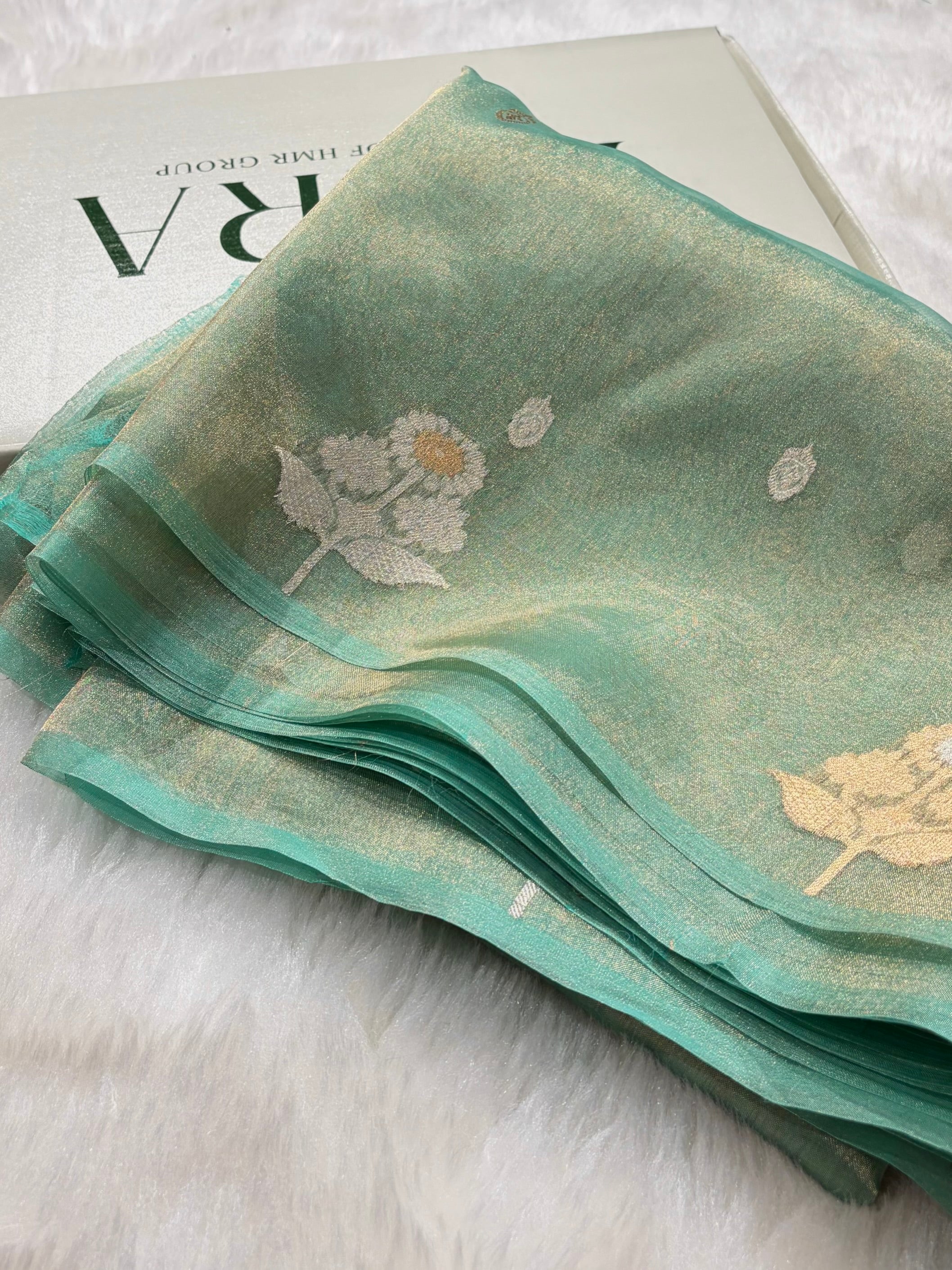 Sea Green Bananasi Floral Shades Pure Tissue Silk Saree PT-39