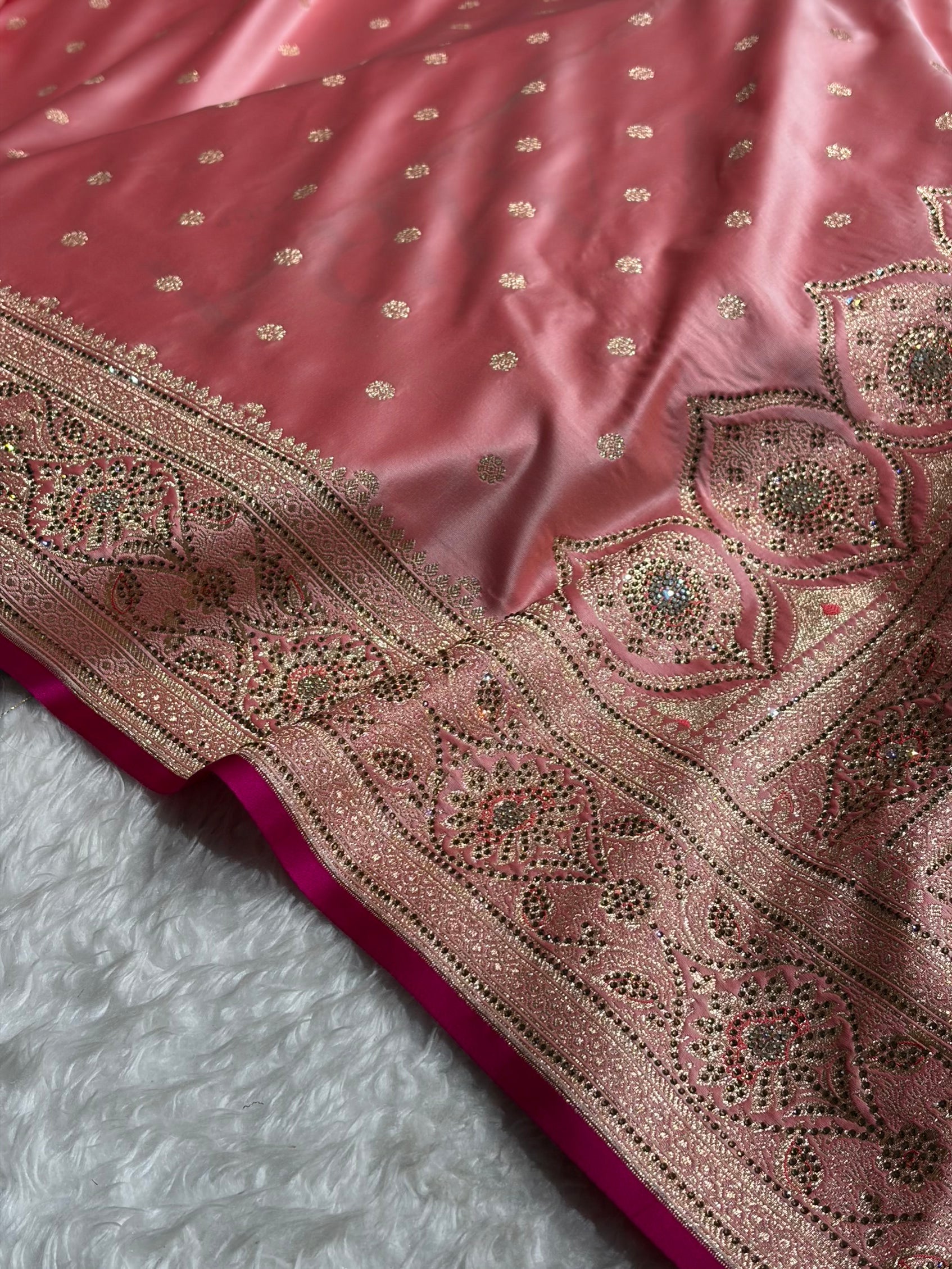 Baby Pink Booti With Swarovski Work Satin katan Silk Saree BSK11