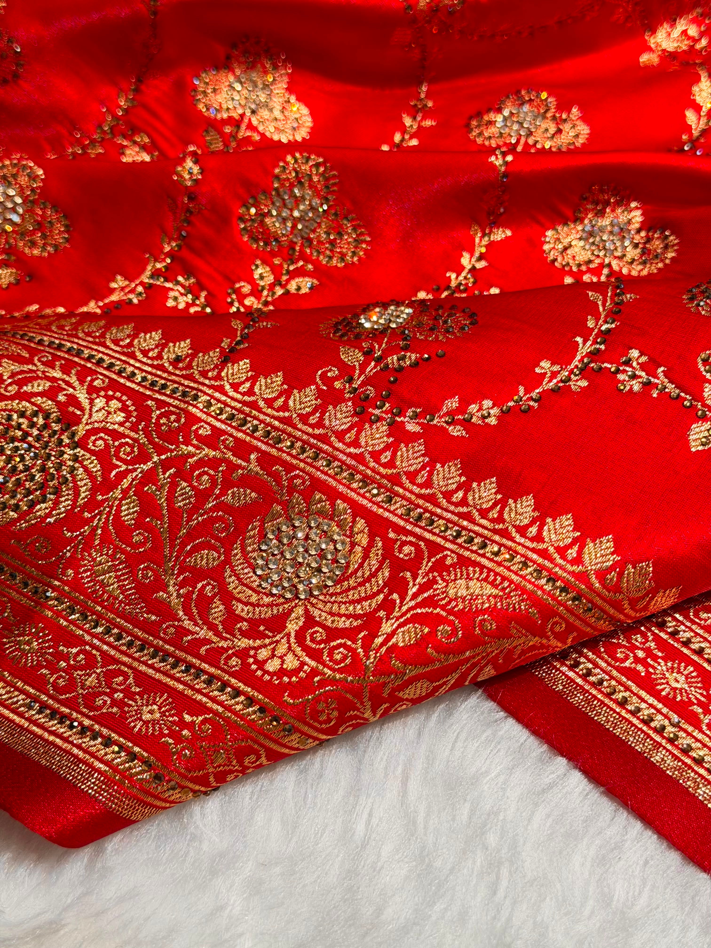 Satin Silk Saree Banarasi Swarovski Work Jaal in Red Shades BSS23 (R)
