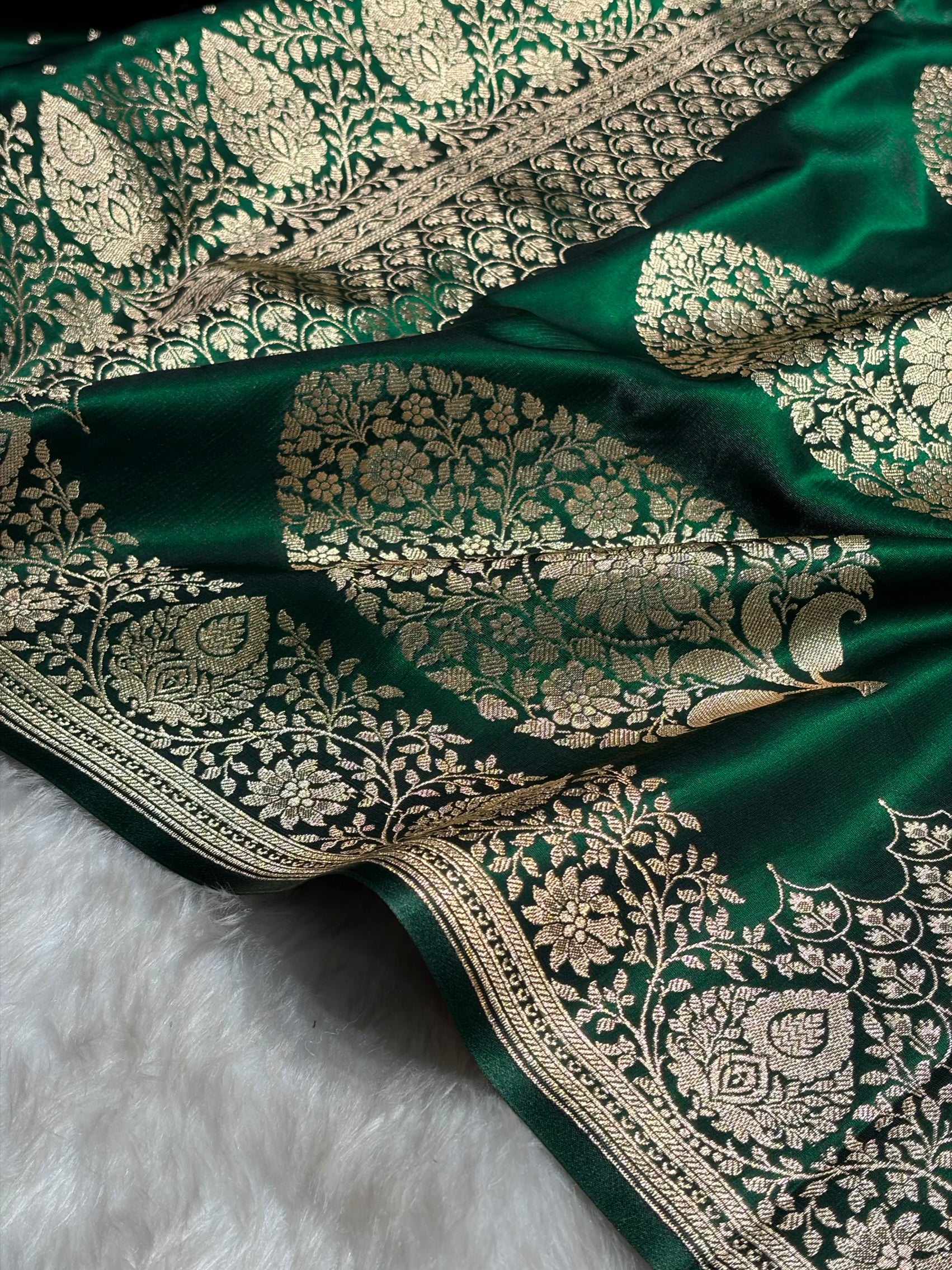 Ultra Light Weight Satin Silk Boota in Bottle Green Shades SS31