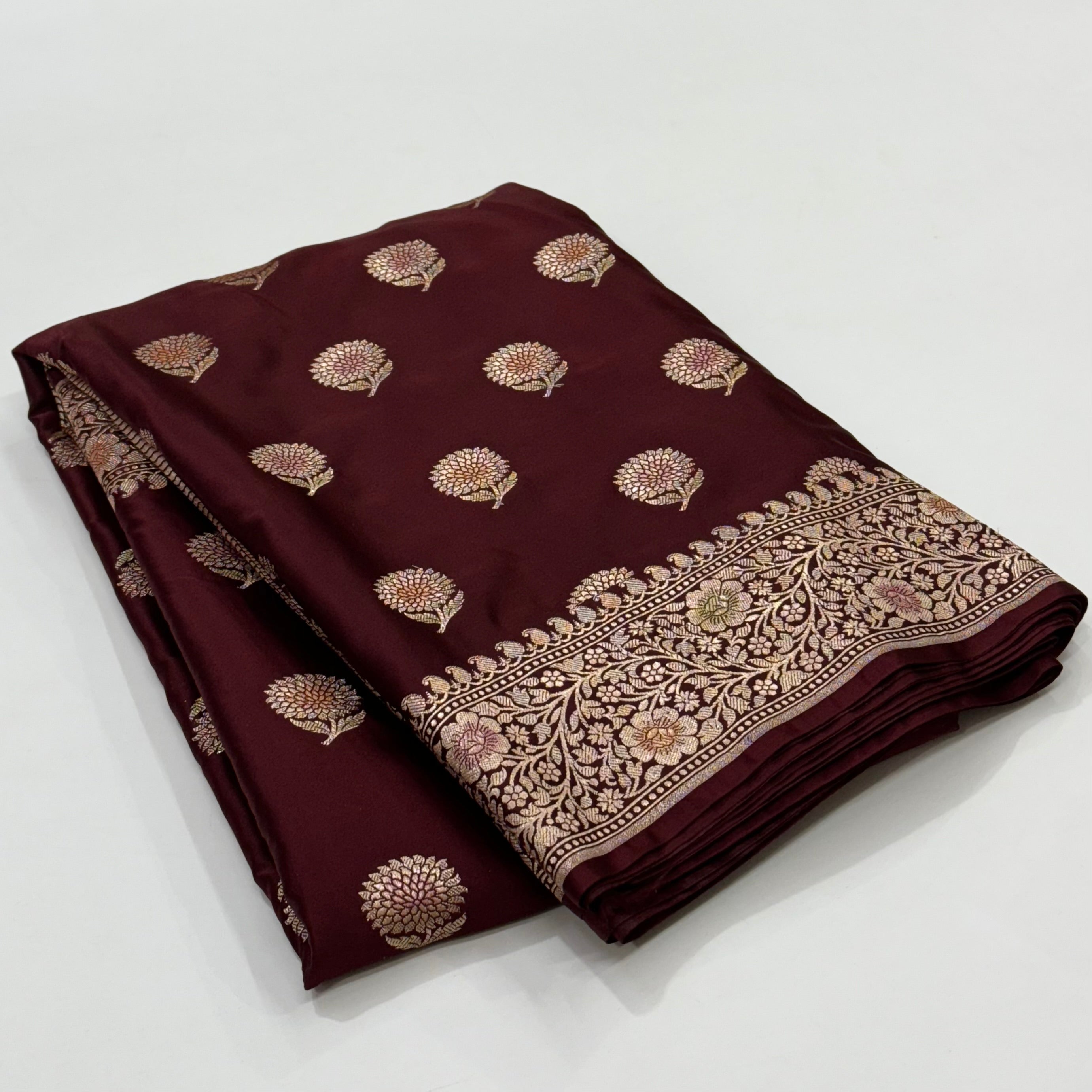 Chocolate Minakarai Floral Motif Mashru Silk Saree