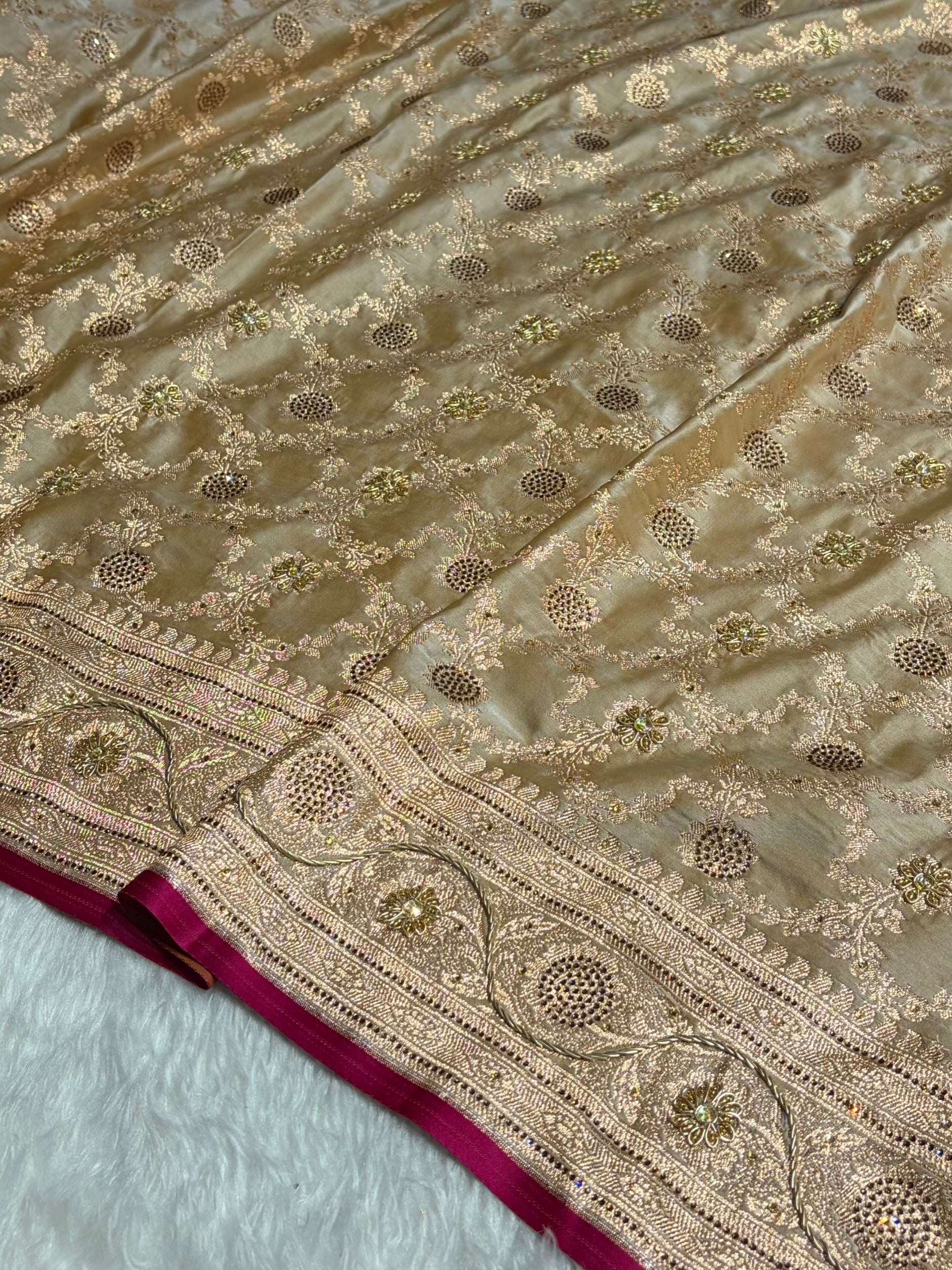 Beige Jaal With Banarasi Swarovski and Zardozi Work Pattern Satin Katan Silk Saree BSK25