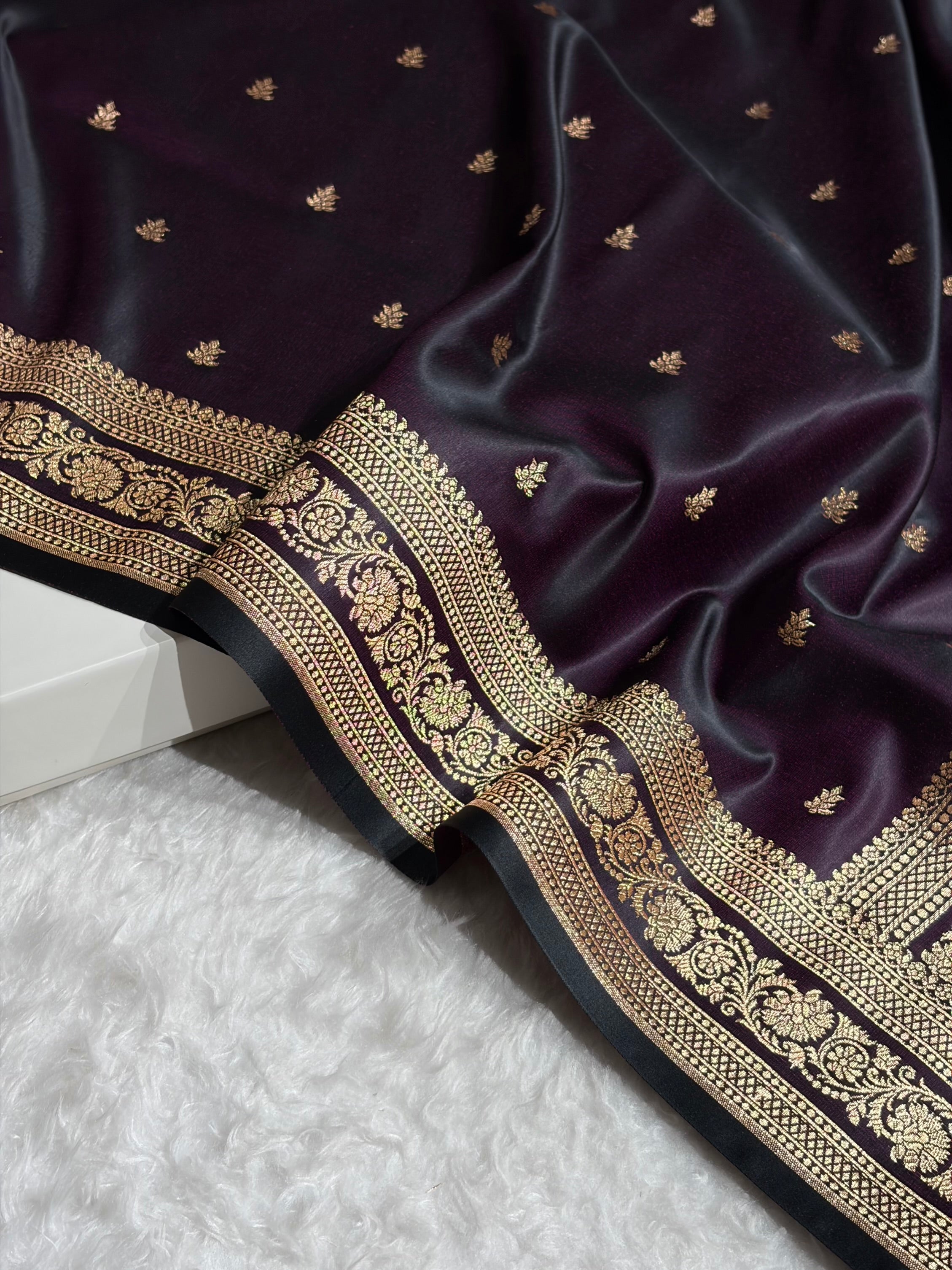 Banarasi Satin Katan Saree With Booti Pattern in Dark Wine Shades SK125