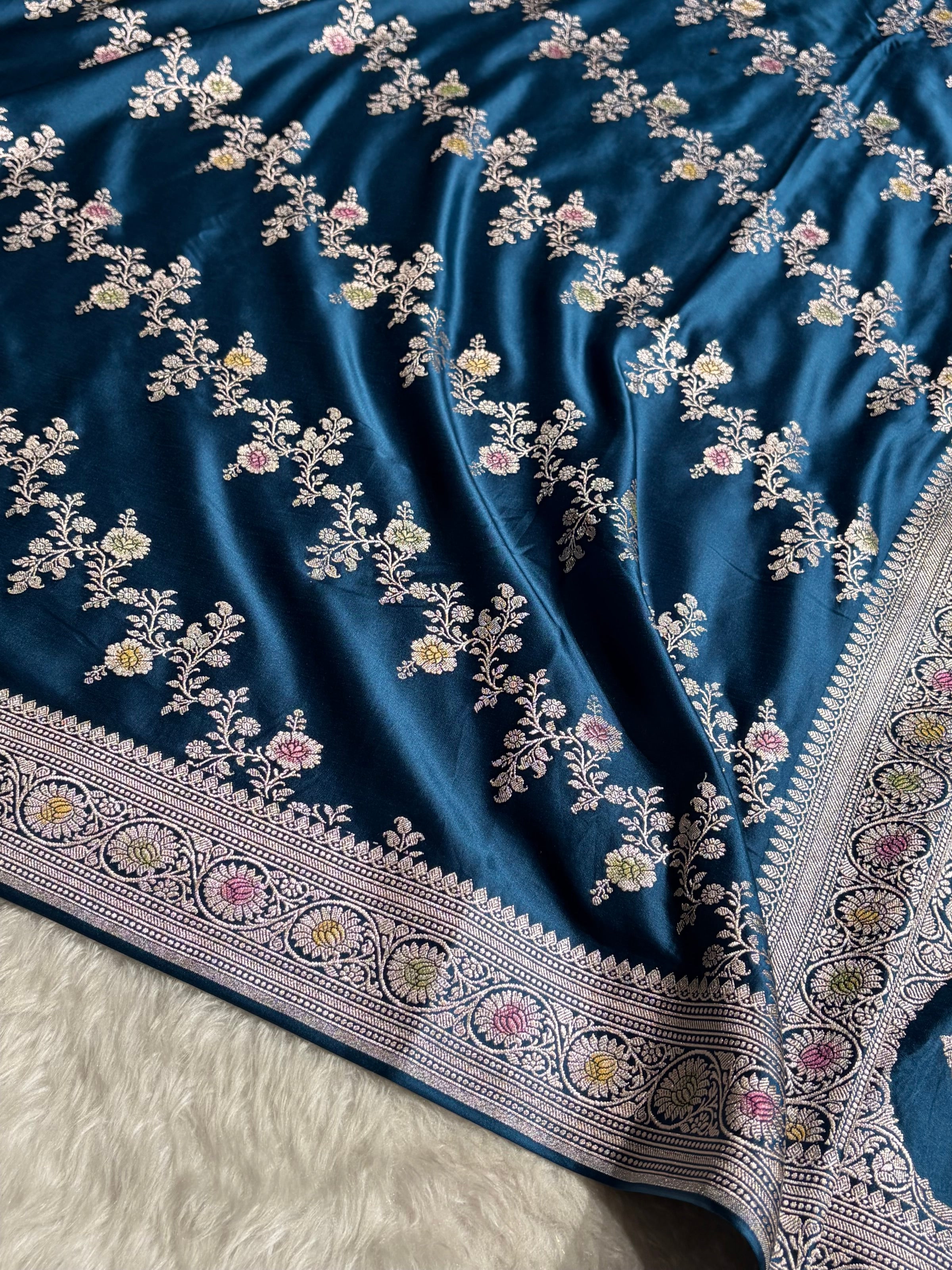 German Blue Minakari Cross Pattern Mashru Silk Saree MCS01