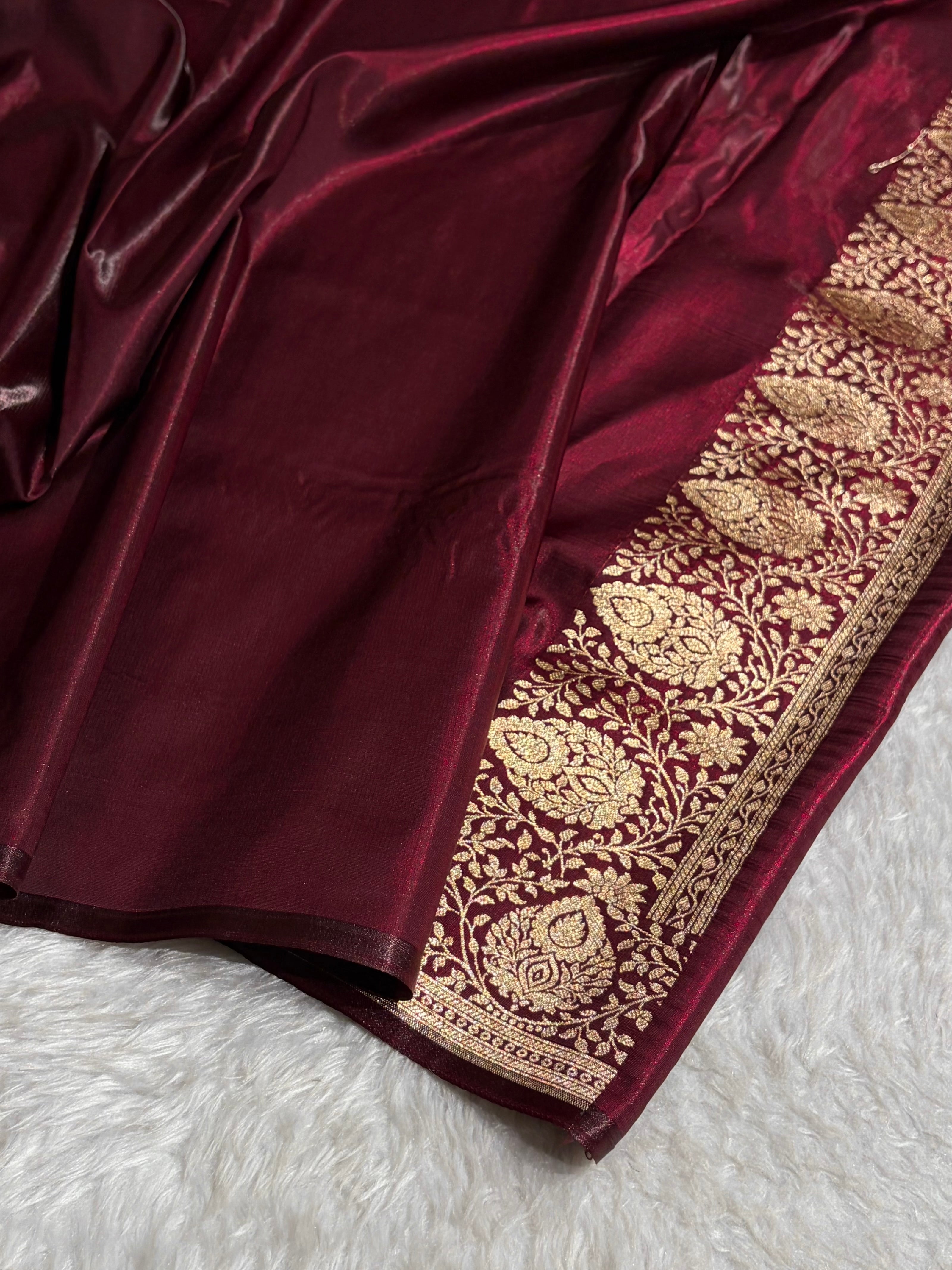Satin Silk Saree Floral Boota in Garnet Shades SS28