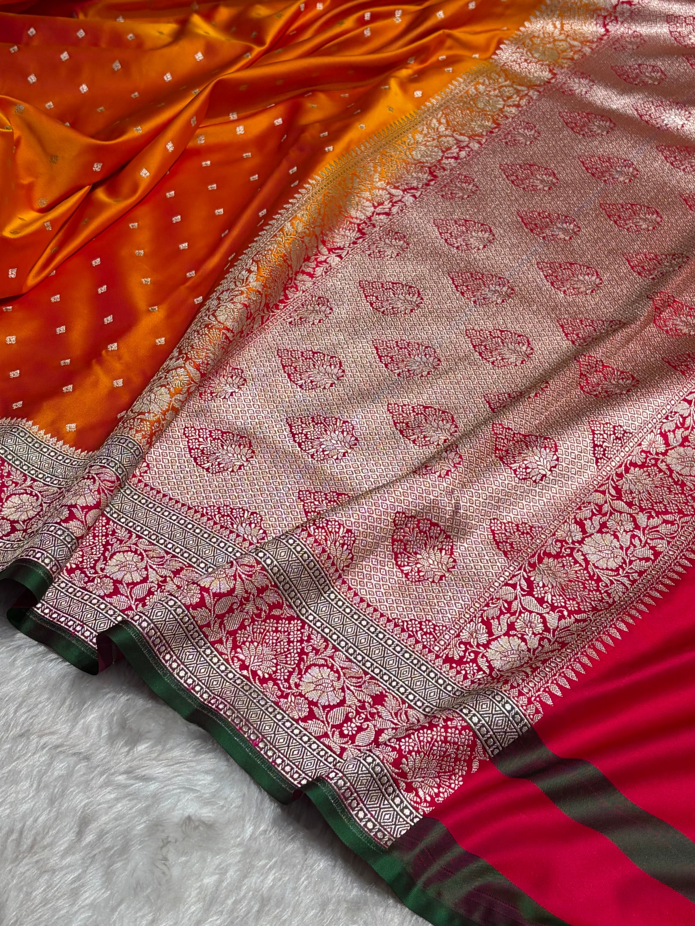 Contrast Cross Orange With Rani Floral Border Mashru Silk Saree MSM-99