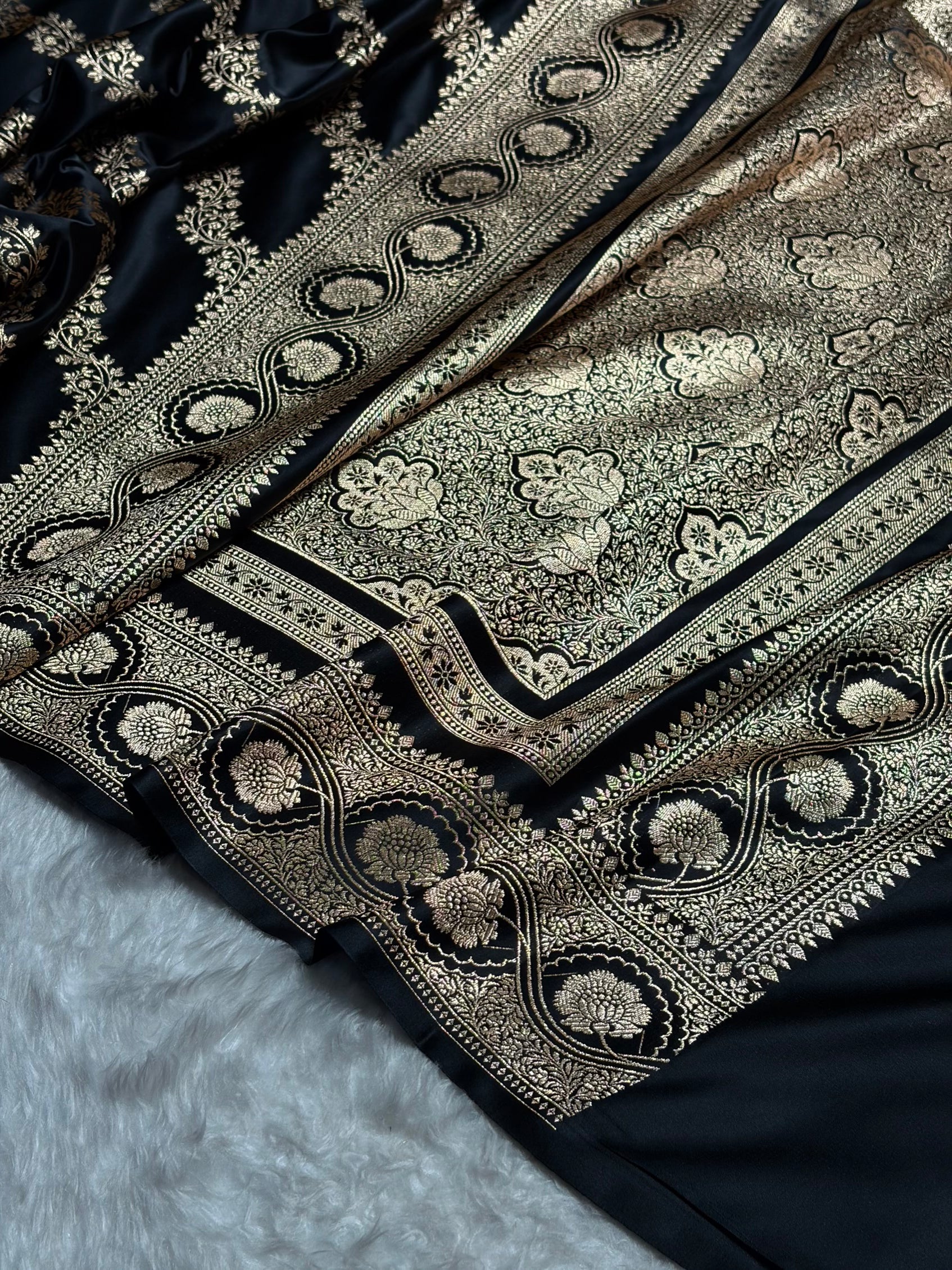 Black Floral Cross Pattern Satin Katan Silk Saree SK74