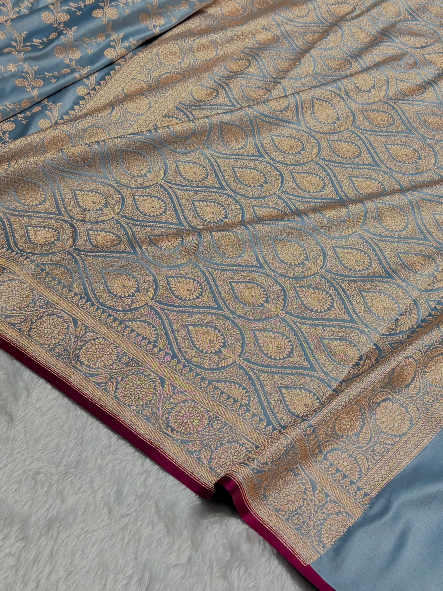 Banarasi Pastel German Blue Shades Cross Satin Katan Silk Saree SK17