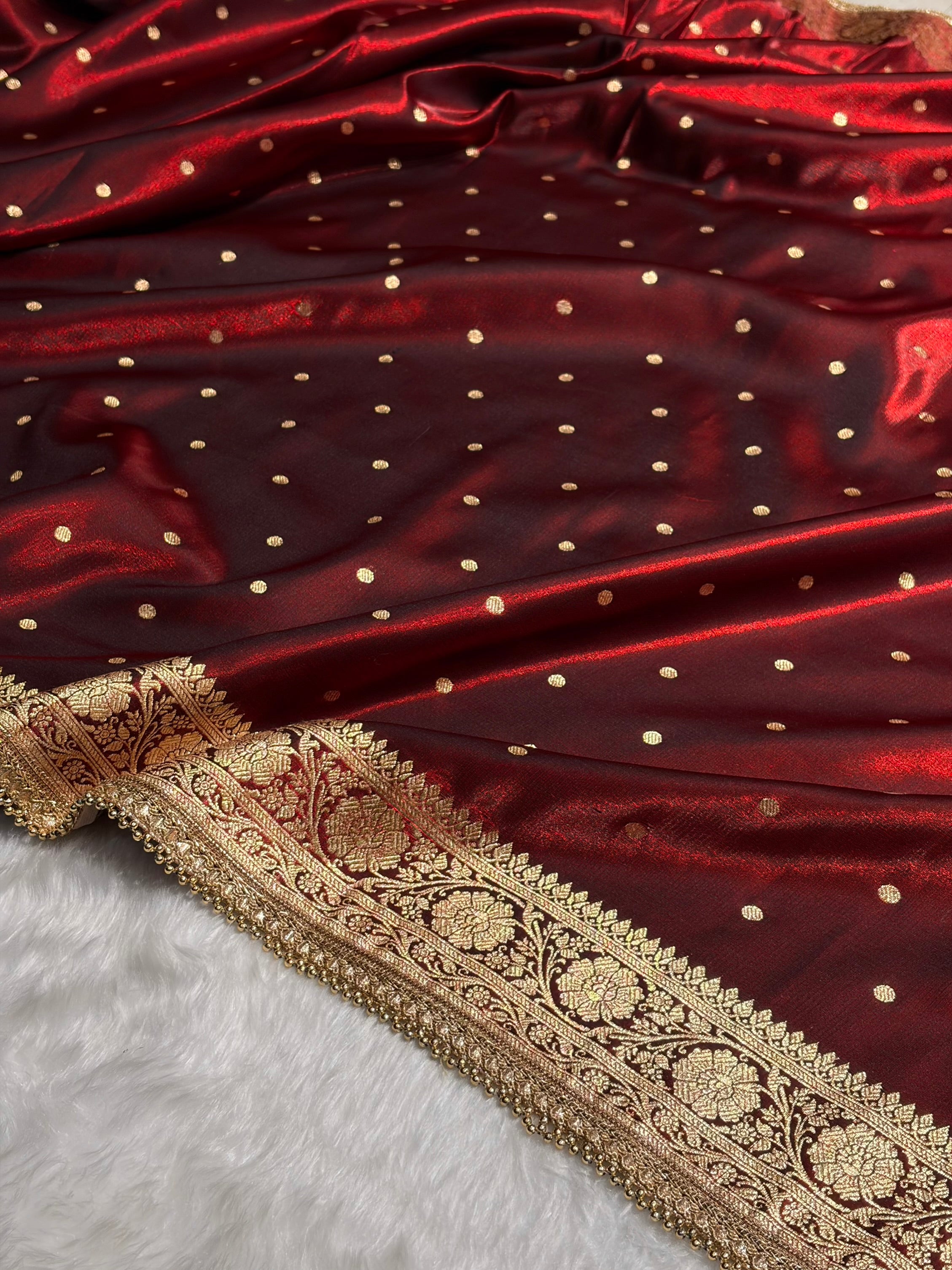 Satin Silk Dot Booti in Maroon Shades With Gotta Patti SSGP08