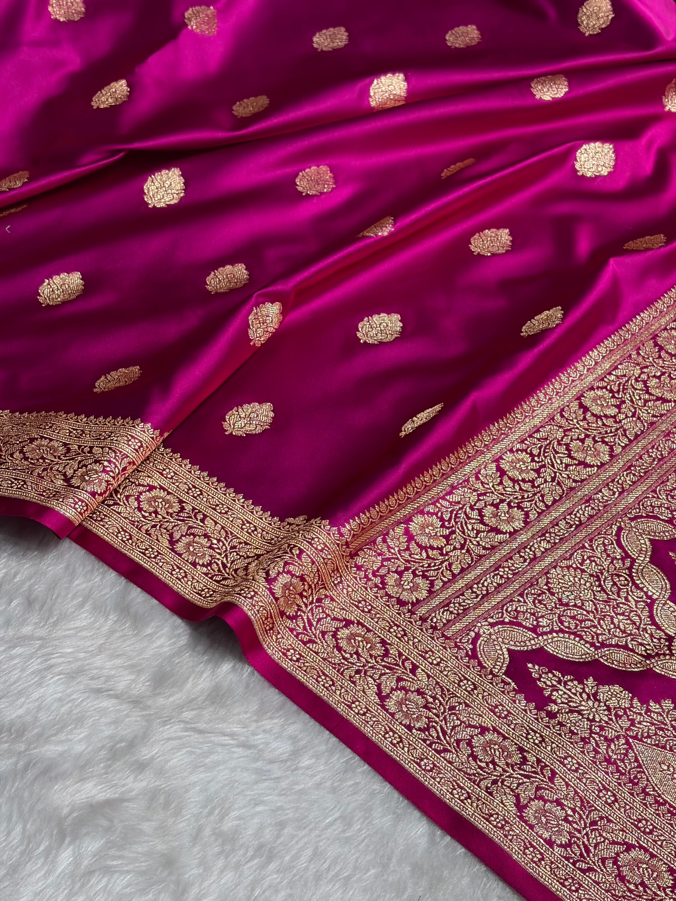 Cross Magenta Booti Pattern Satin Katan Silk Saree SK65