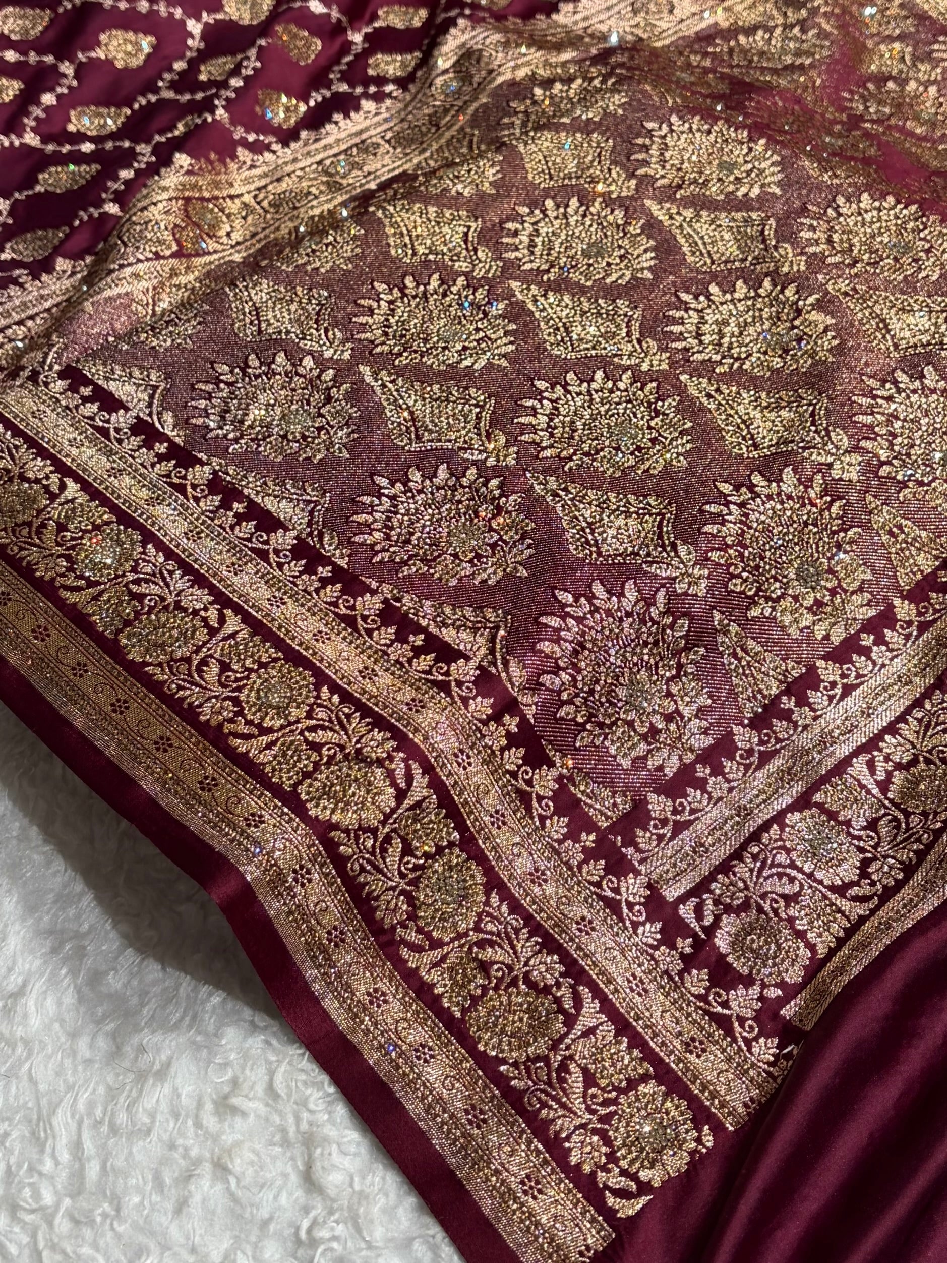 Garnet Floral Jaal Pattern with Sewarovsi Work Satin Katan Silk saree BSK42