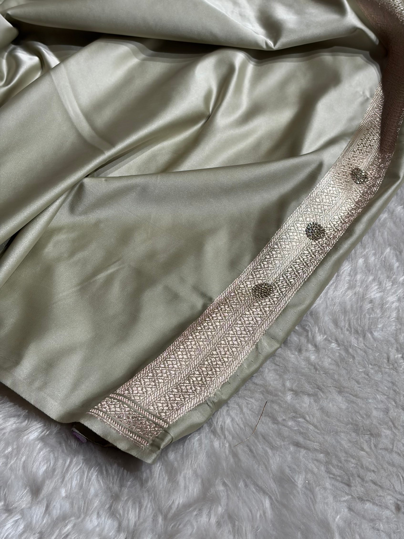 Banarasi Light Pista Scallop Mashru Silk with White Stone Swarovski work BMCS02