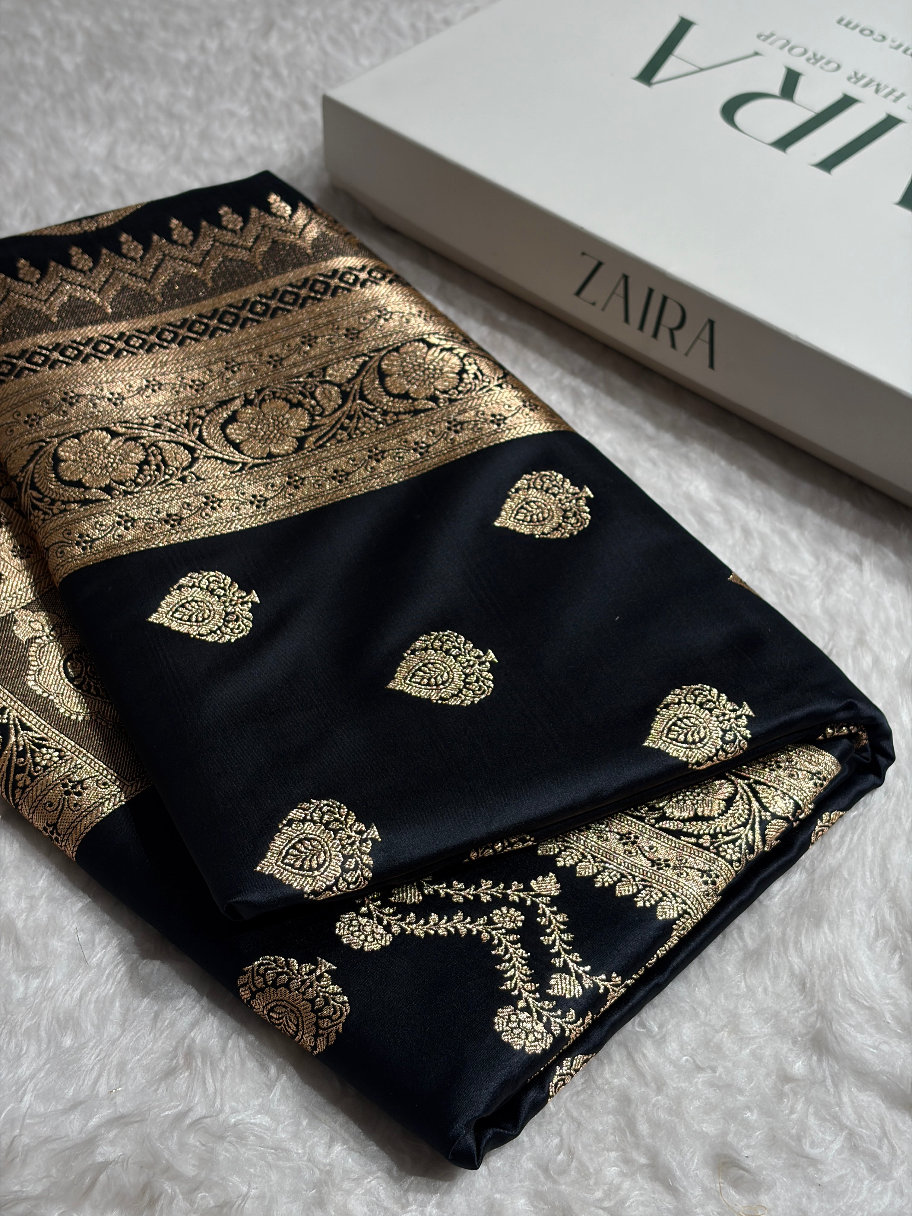 Banarasi Satin Katan Saree Floral Boota Pattern in Black Shades SK145