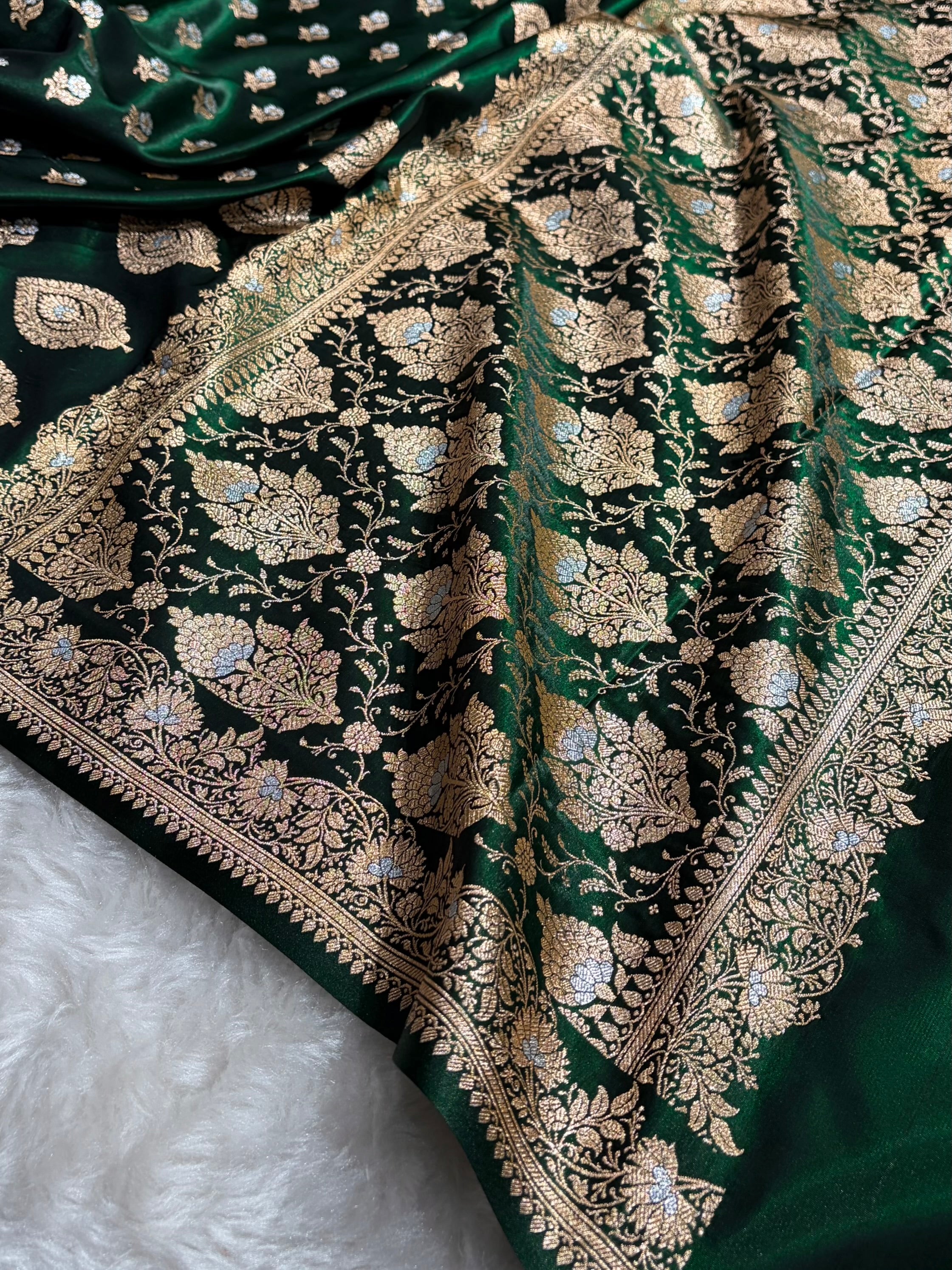 Banarasi Satin Silk Meena Boota in Bottle Green Shades SS38