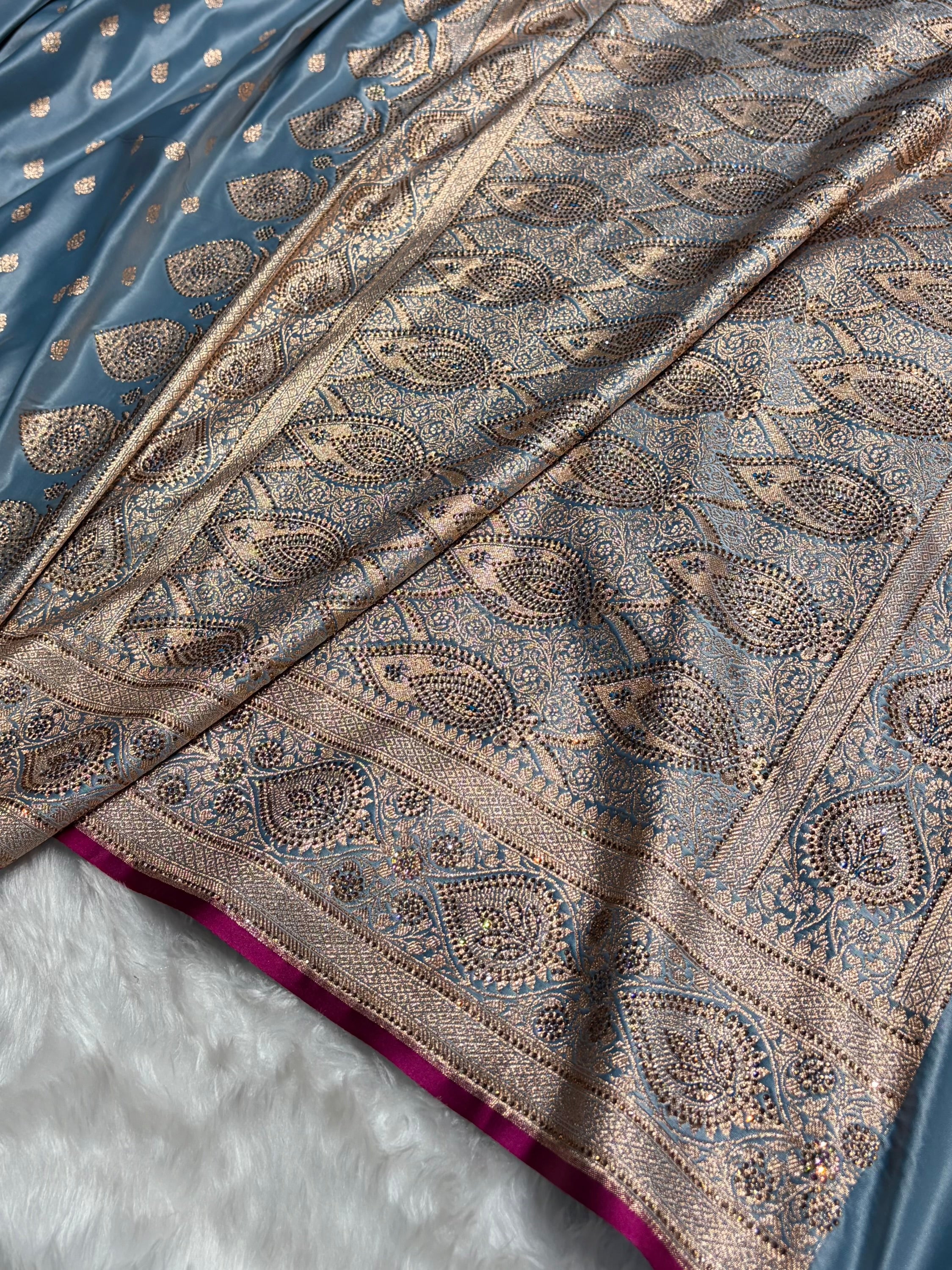 Sky Blue Swarovski Work Booti Satin Katan Silk Saree BSK10