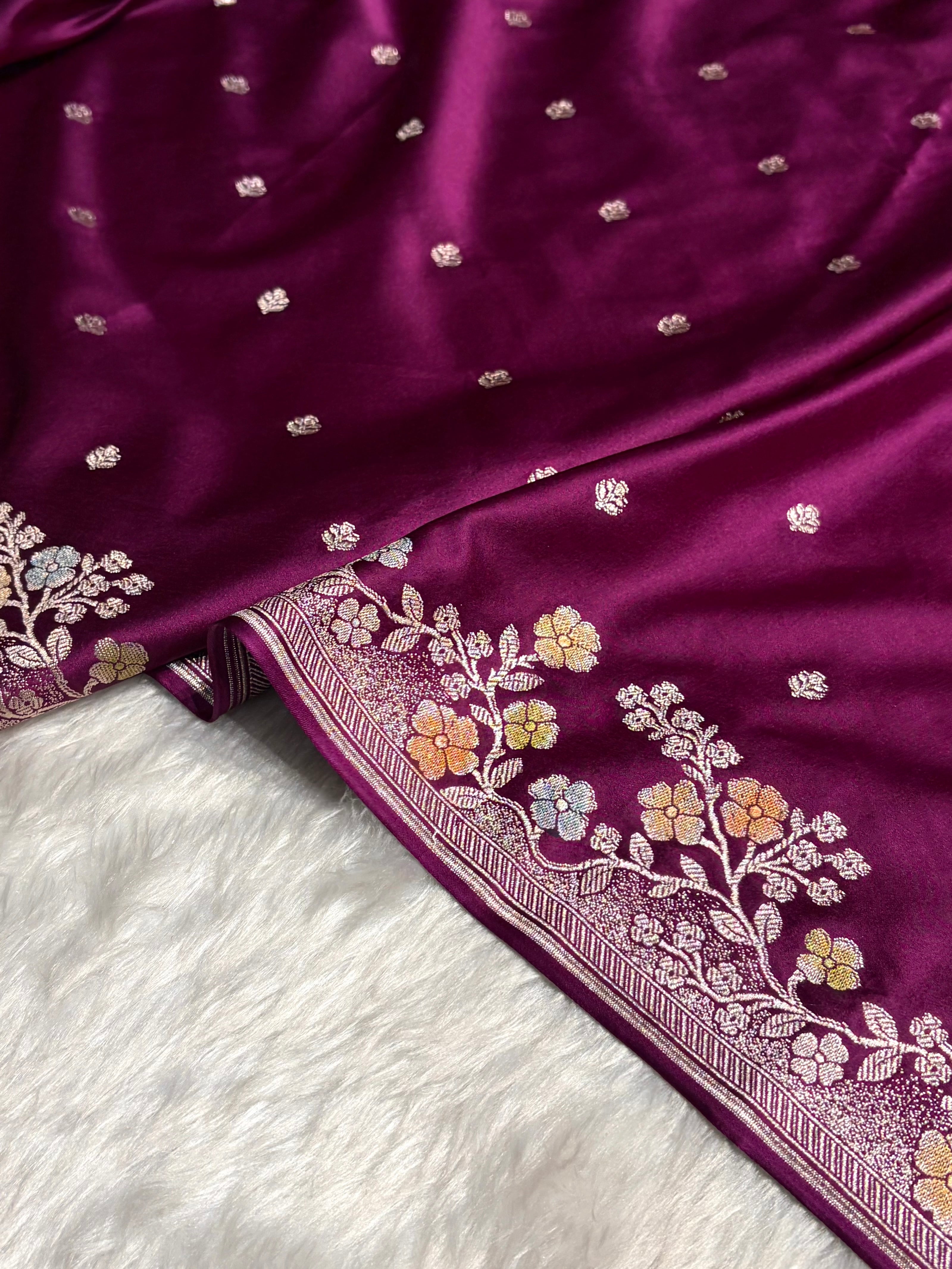 Wine Shades Minakari Floral Border Booti Mashru Silk Saree MS75