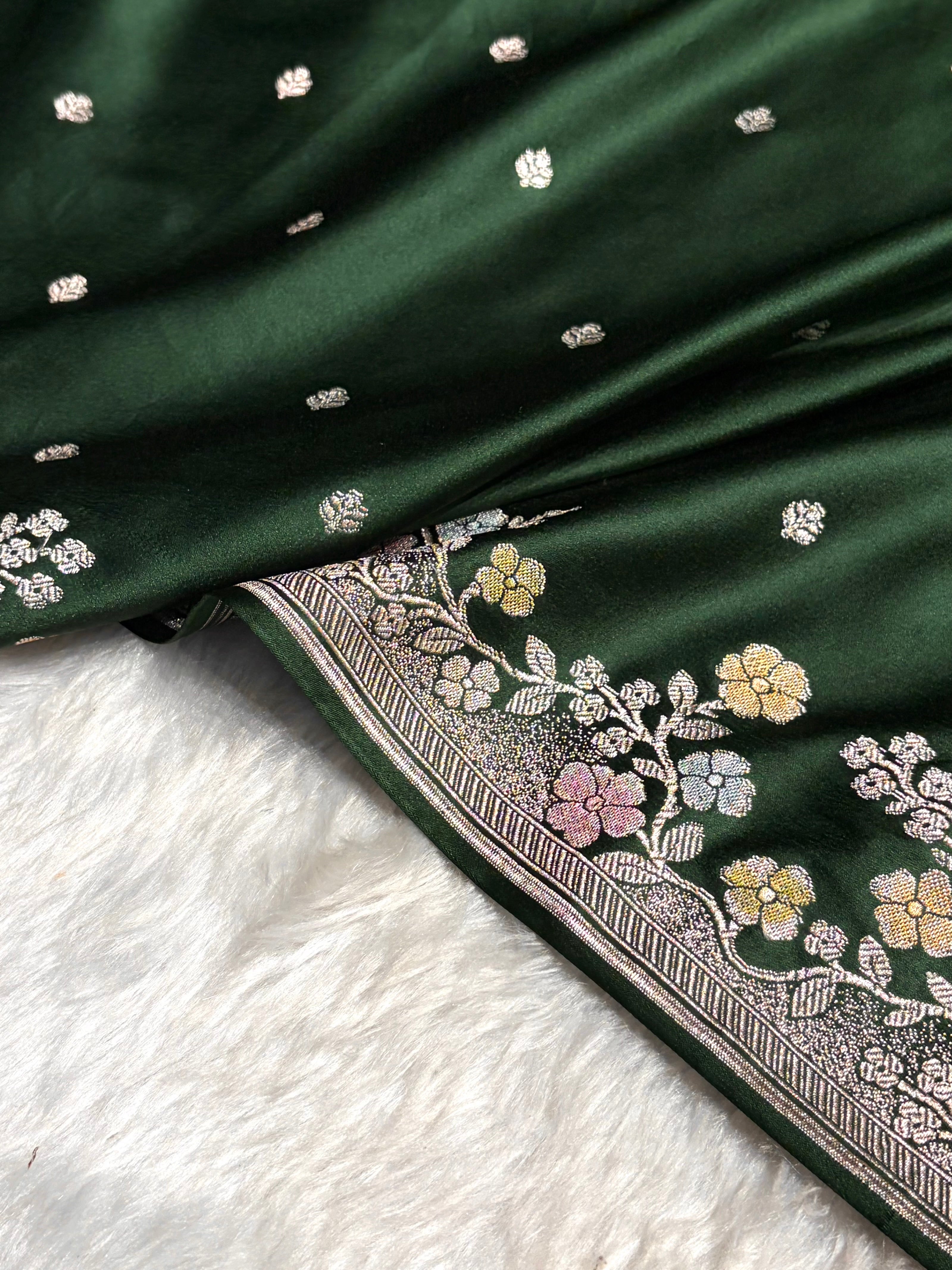 Bottle Green Shades Minakari Floral Border Booti Mashru Silk Saree MS75