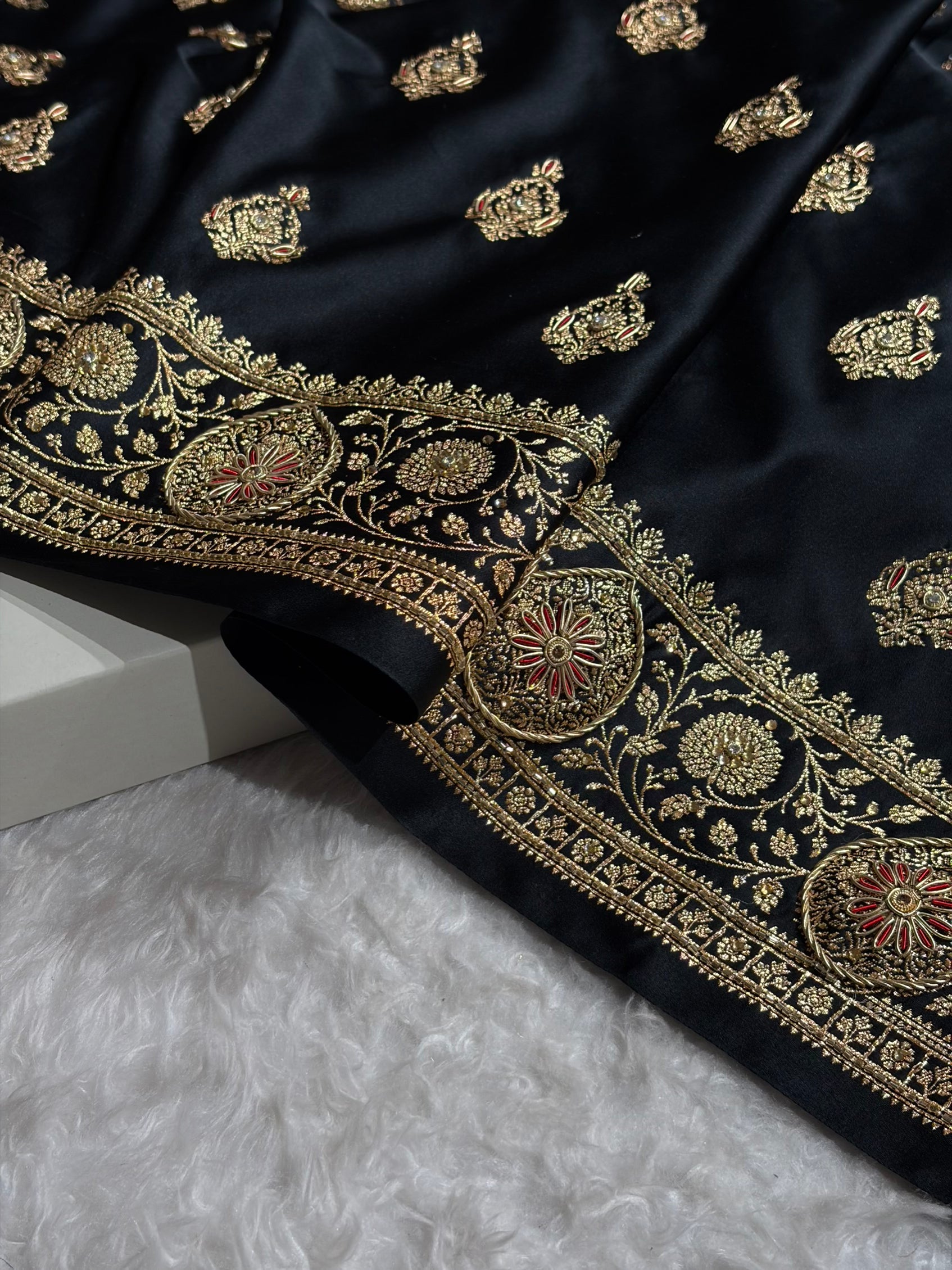 Banarasi Satin Katan Saree With Aari Zardozi Work Boota in Black Shades BSK98