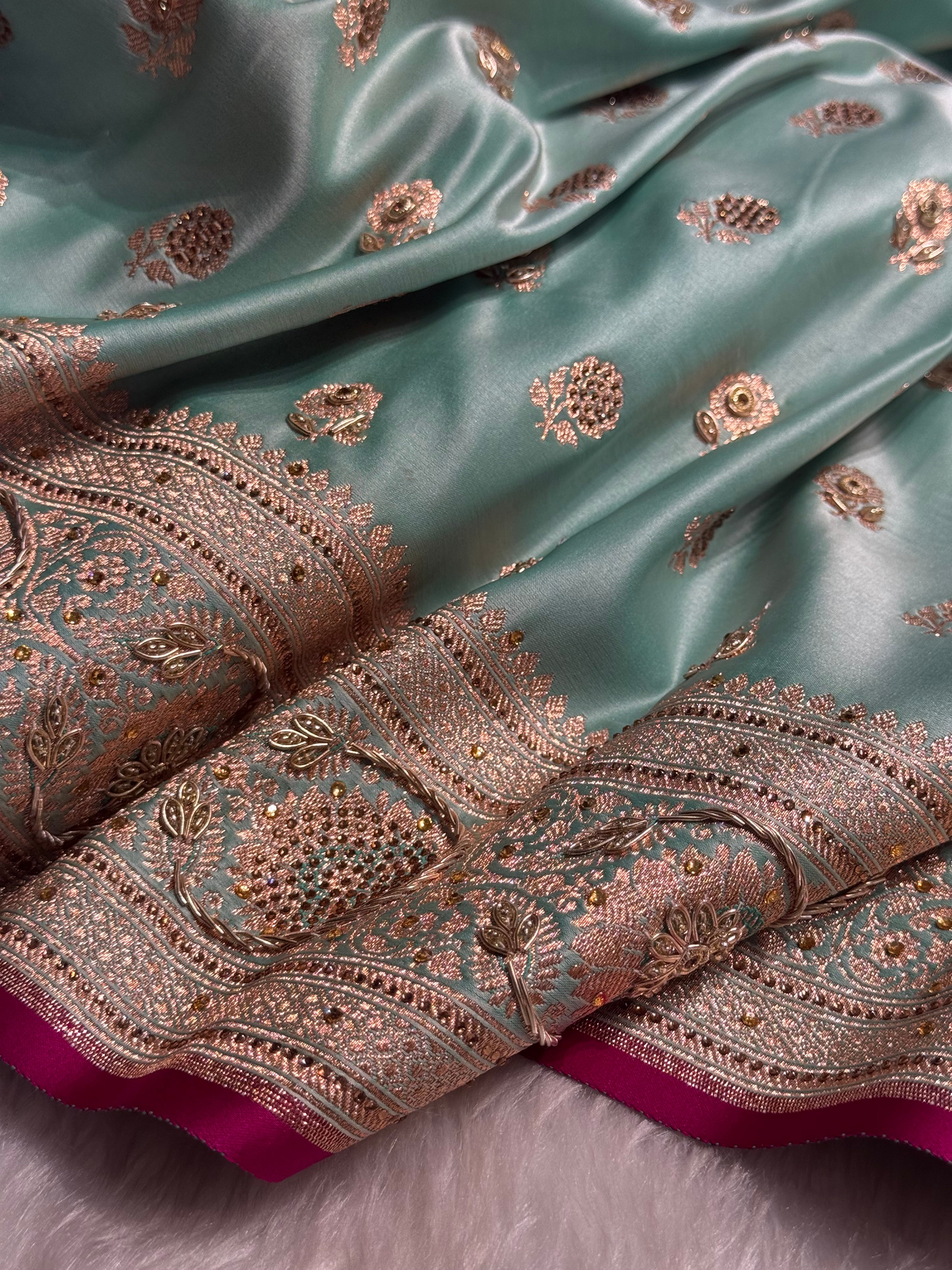 Sea Green Shades Booti Katan Silk Saree with Stone & Zardozi Work BSK12