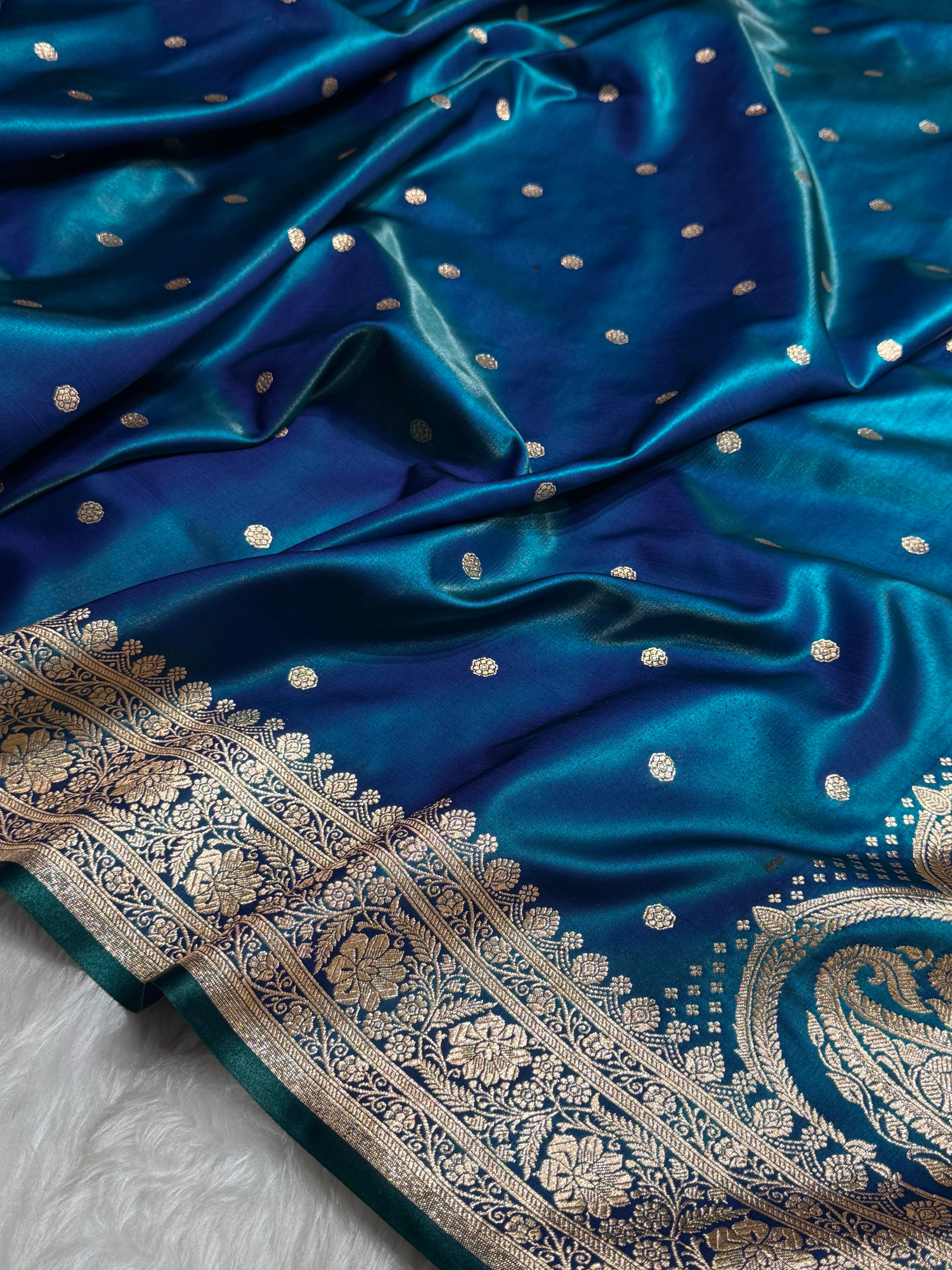 Satin Silk Saree Banarasi Booti in Peacock Shades SS29