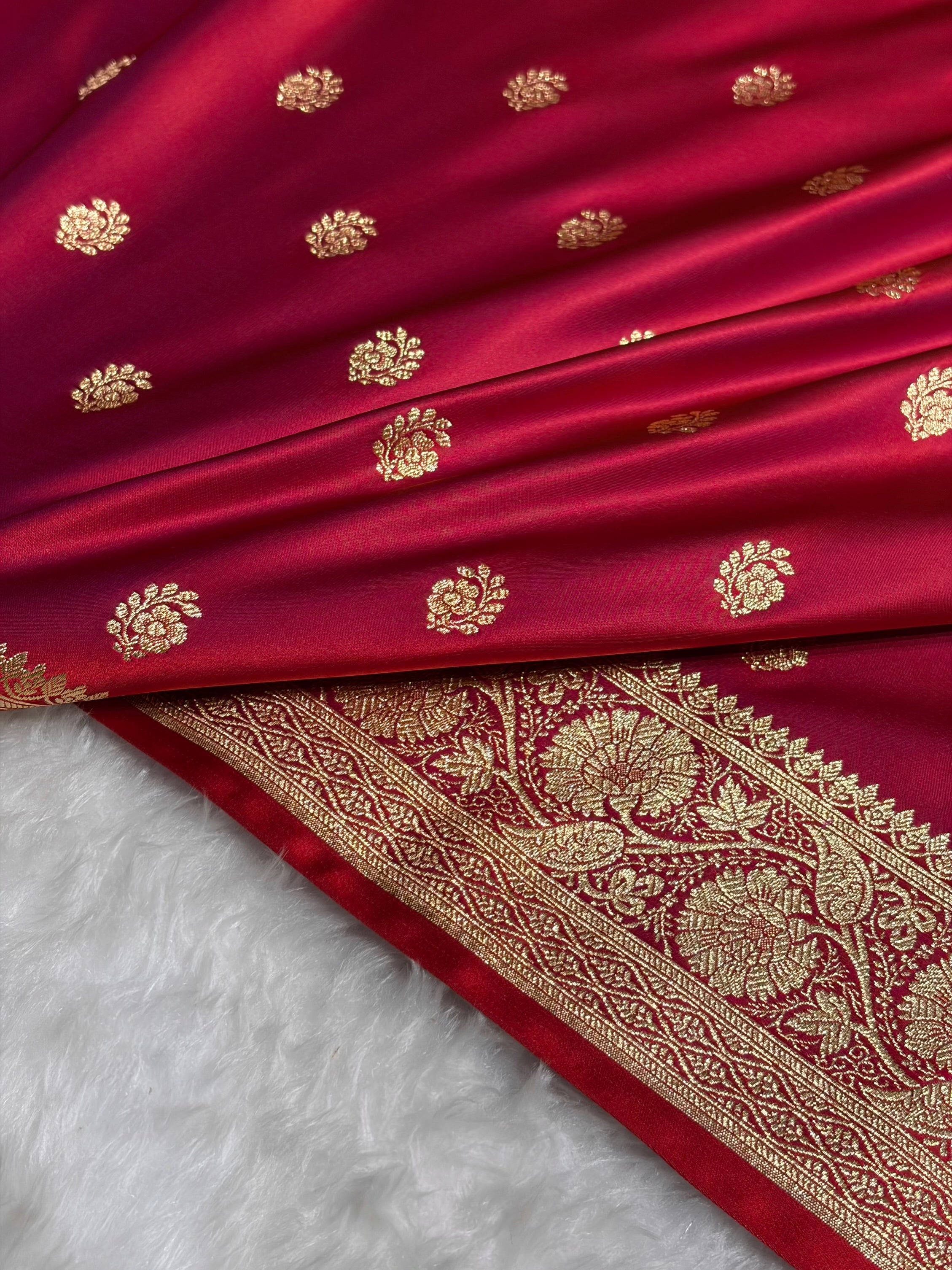 Magentic Red Floral Boota Pattern Satin Katan Silk Saree SK72