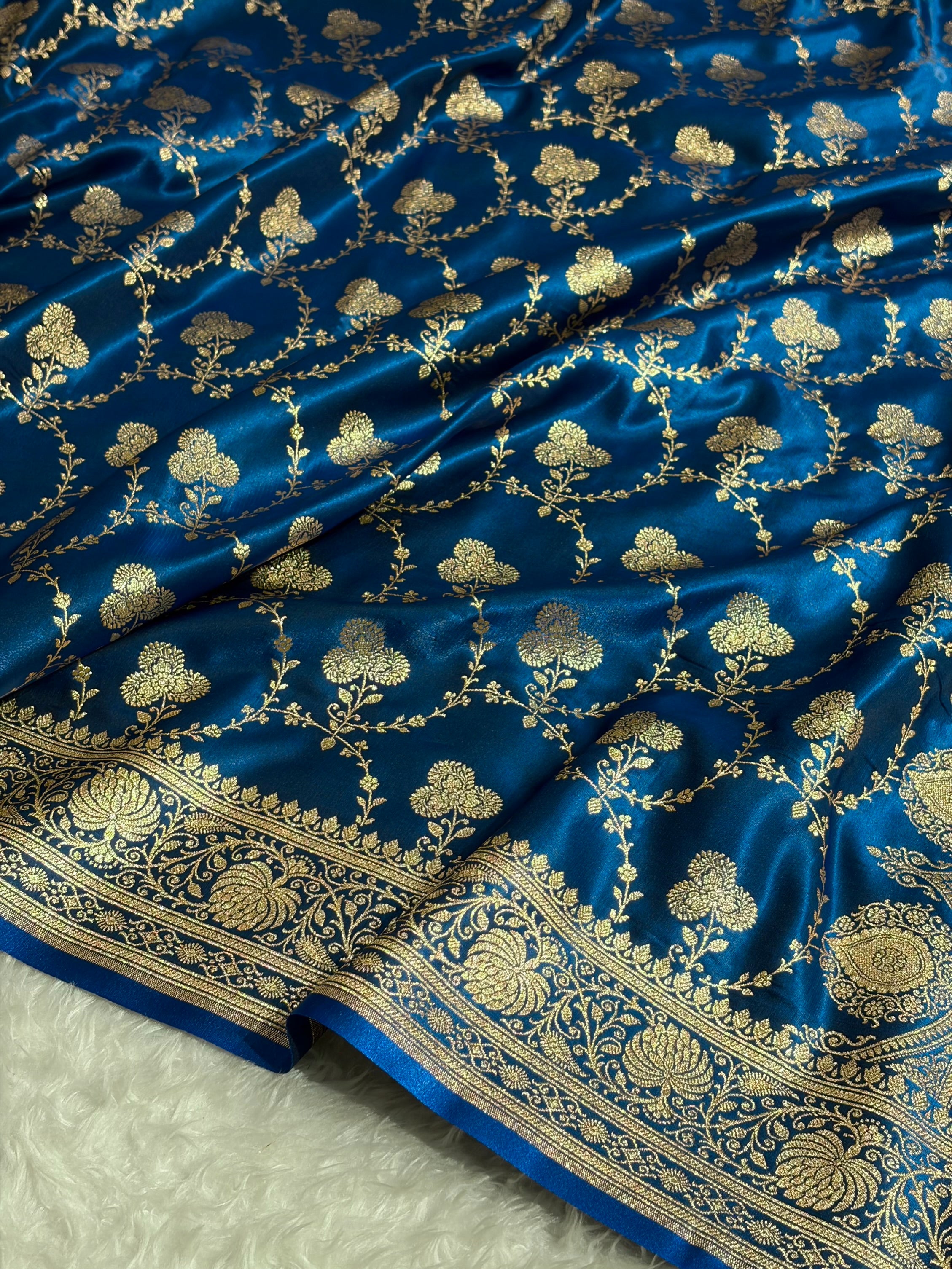 Banarasi Satin Silk Saree Jaal in German Blue Shades SS23
