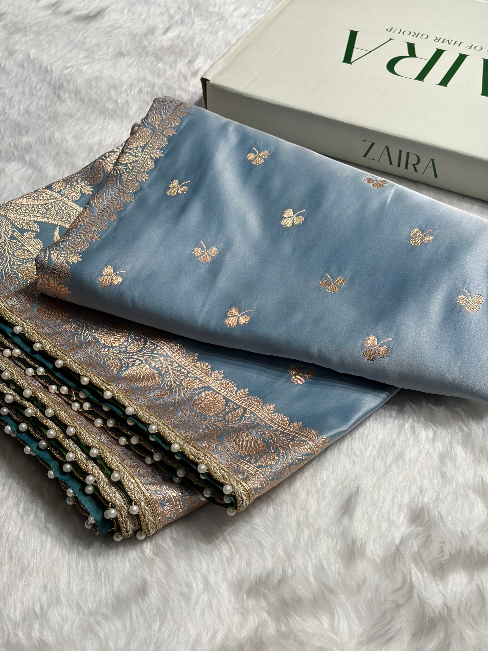 Sky Blue Booti Katan Silk With Gotta Patti Saree SKGP09