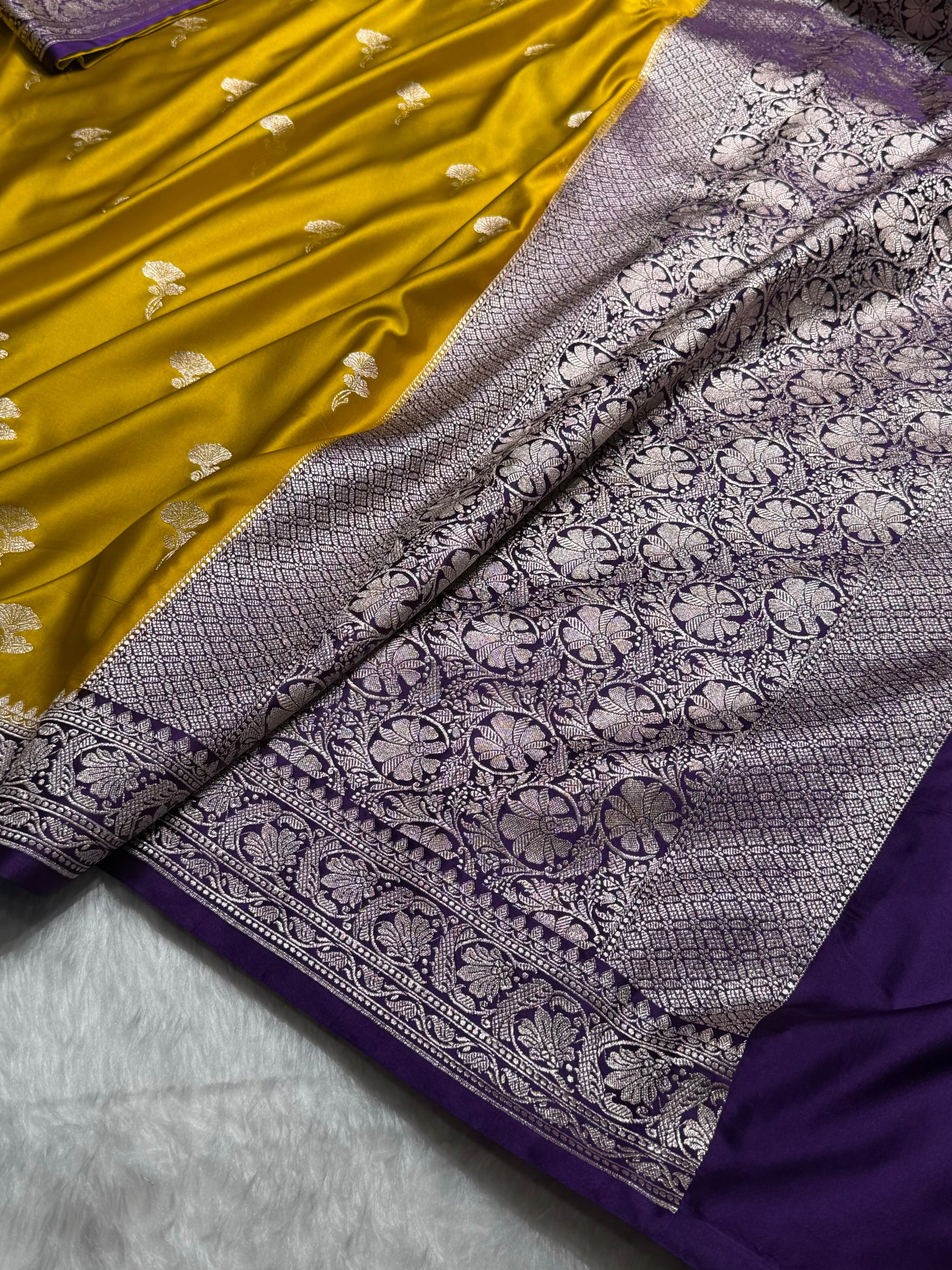 Contrast Mustard With Dark Purple Shades Minakari Boota Mashru Silk Saree