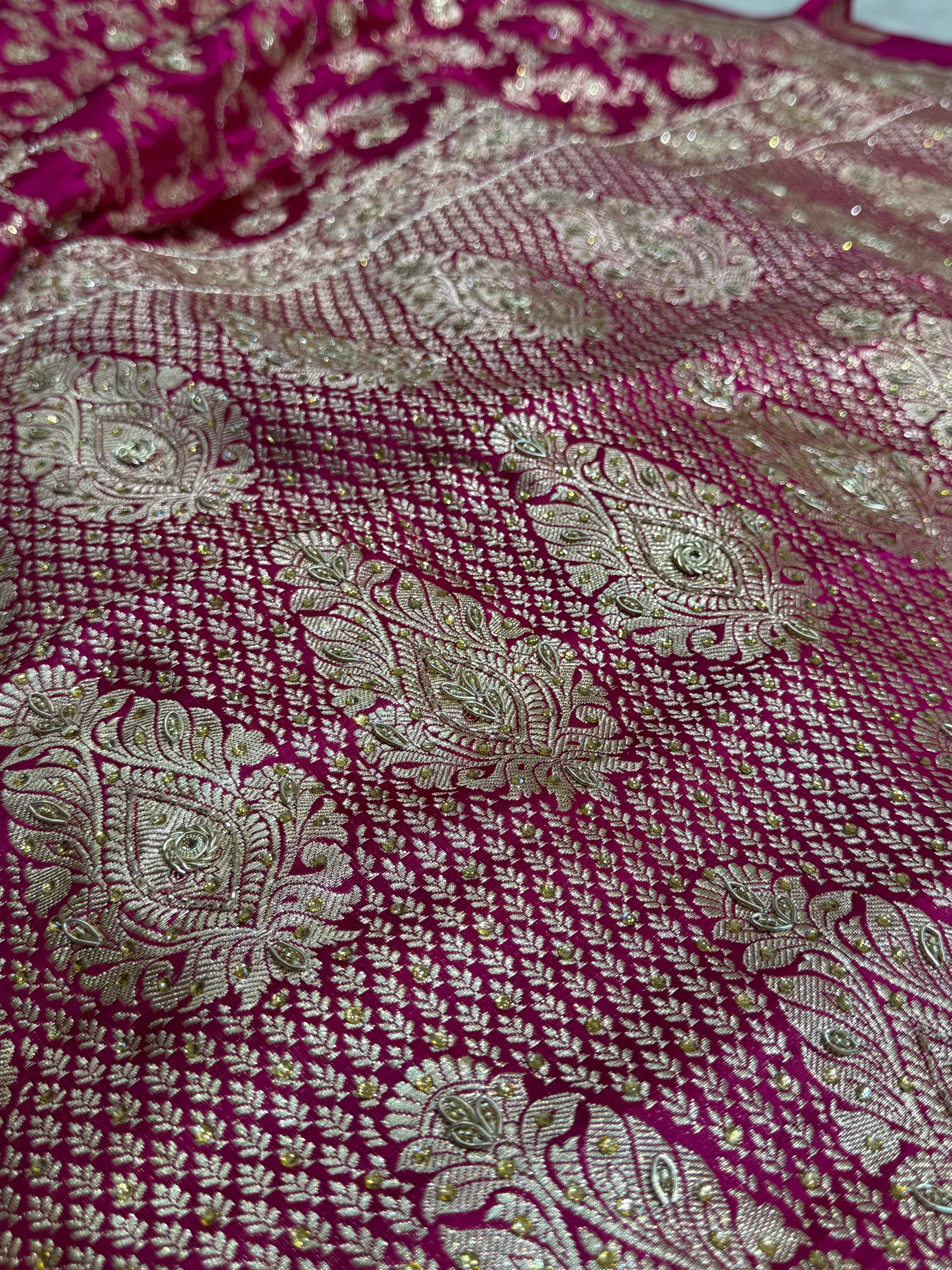 Rani Pure Katan Silk Banarasi Saree with Zardozy, Ari and Stone work