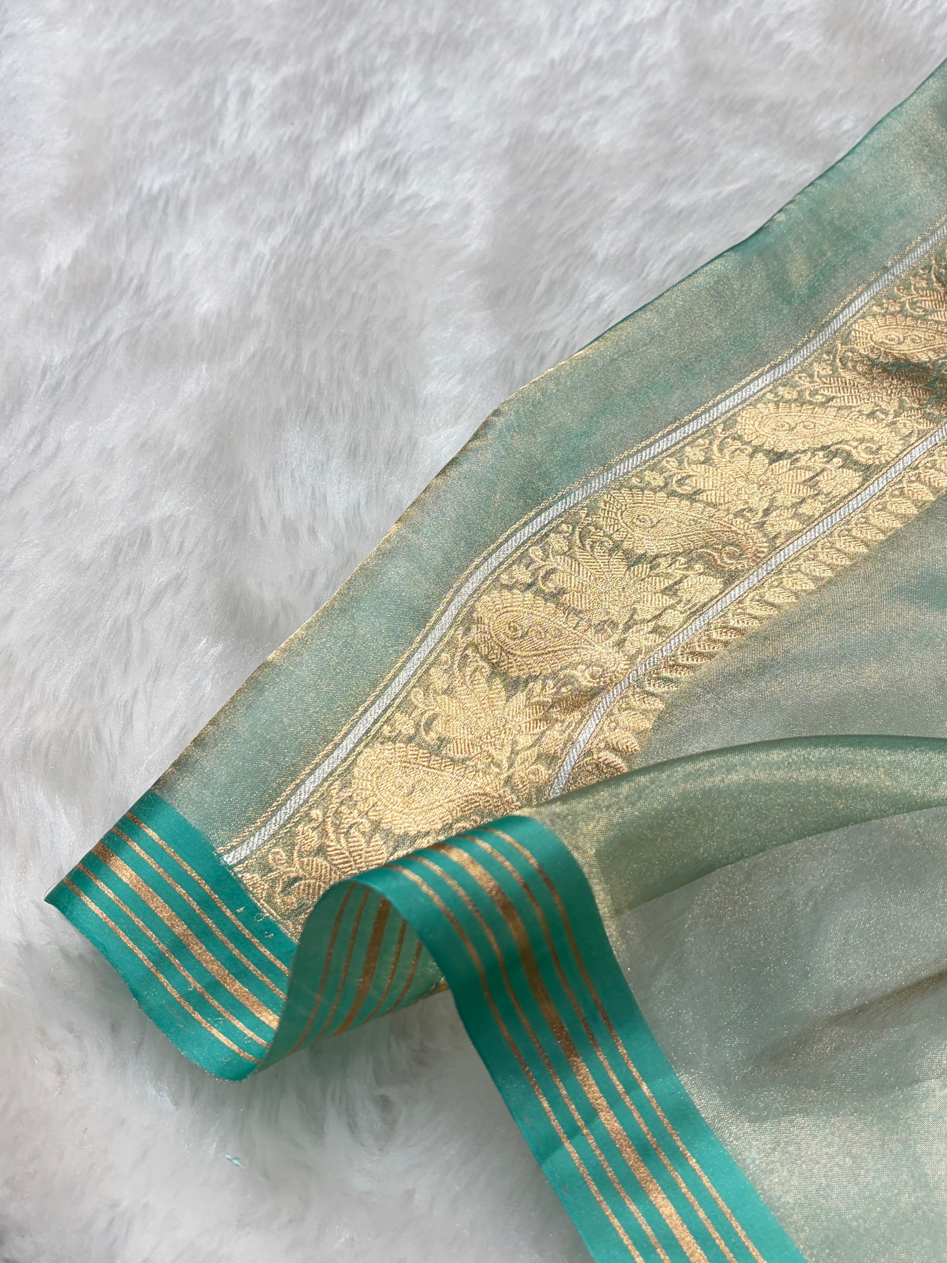 Sea Green Bananasi Floral Shades Pure Tissue Silk Saree PT-35