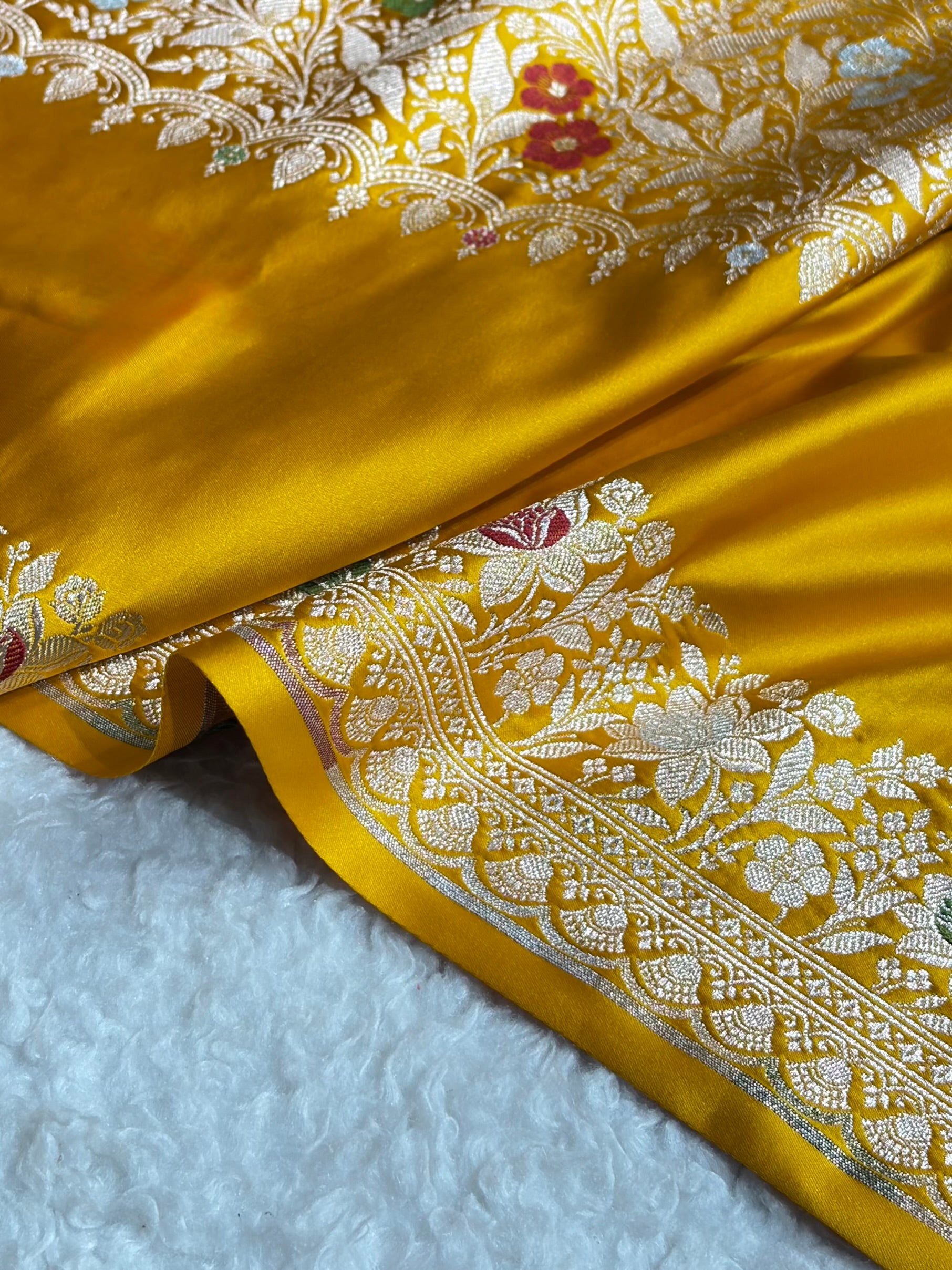 Mustard Shades Banarasi Minakari Boota Skirt Pattern Floral Mashru Silk Saree MSM-116