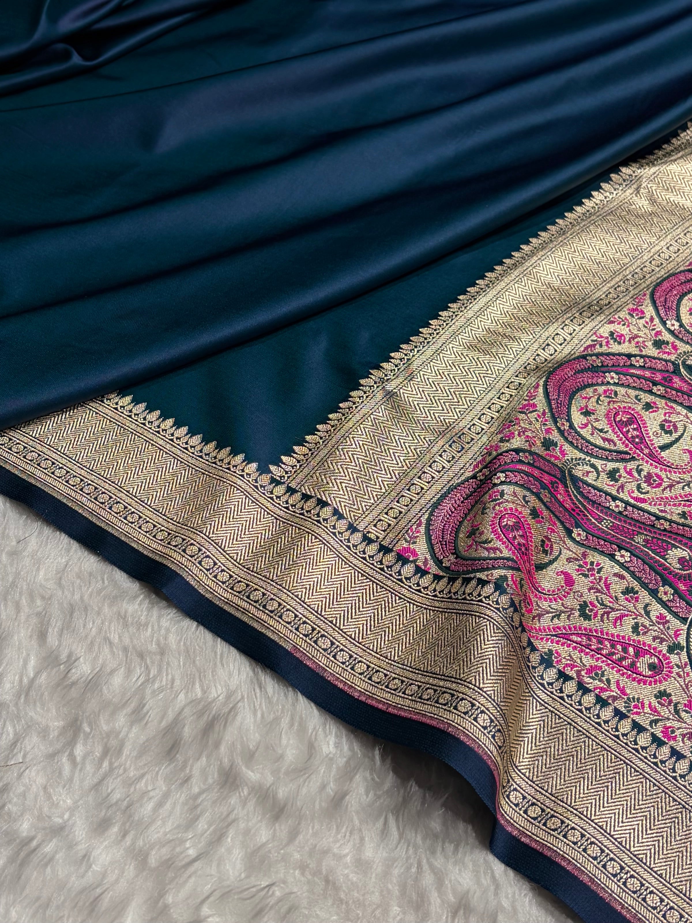 German Blue Shades Banarasi With Plain & Minakari Floral Border Mashru Silk Saree MSM-129